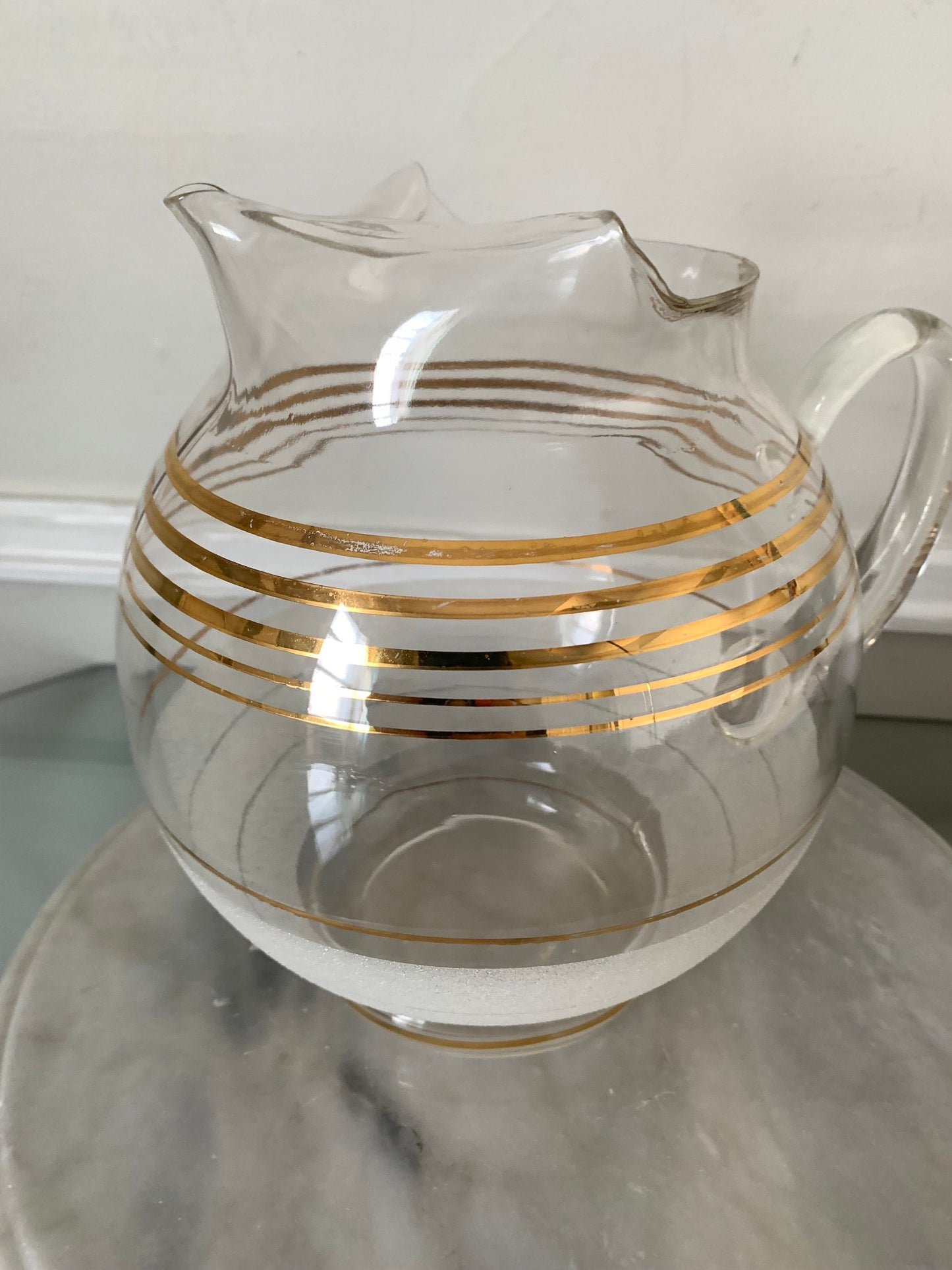 MCM Chubby Clear Glass Pitcher with Gold Stripes