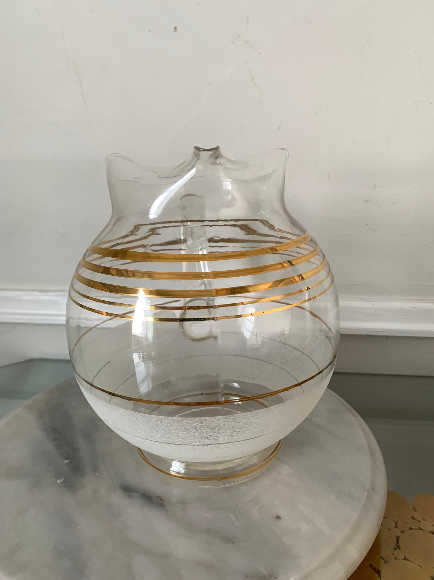 MCM Chubby Clear Glass Pitcher with Gold Stripes