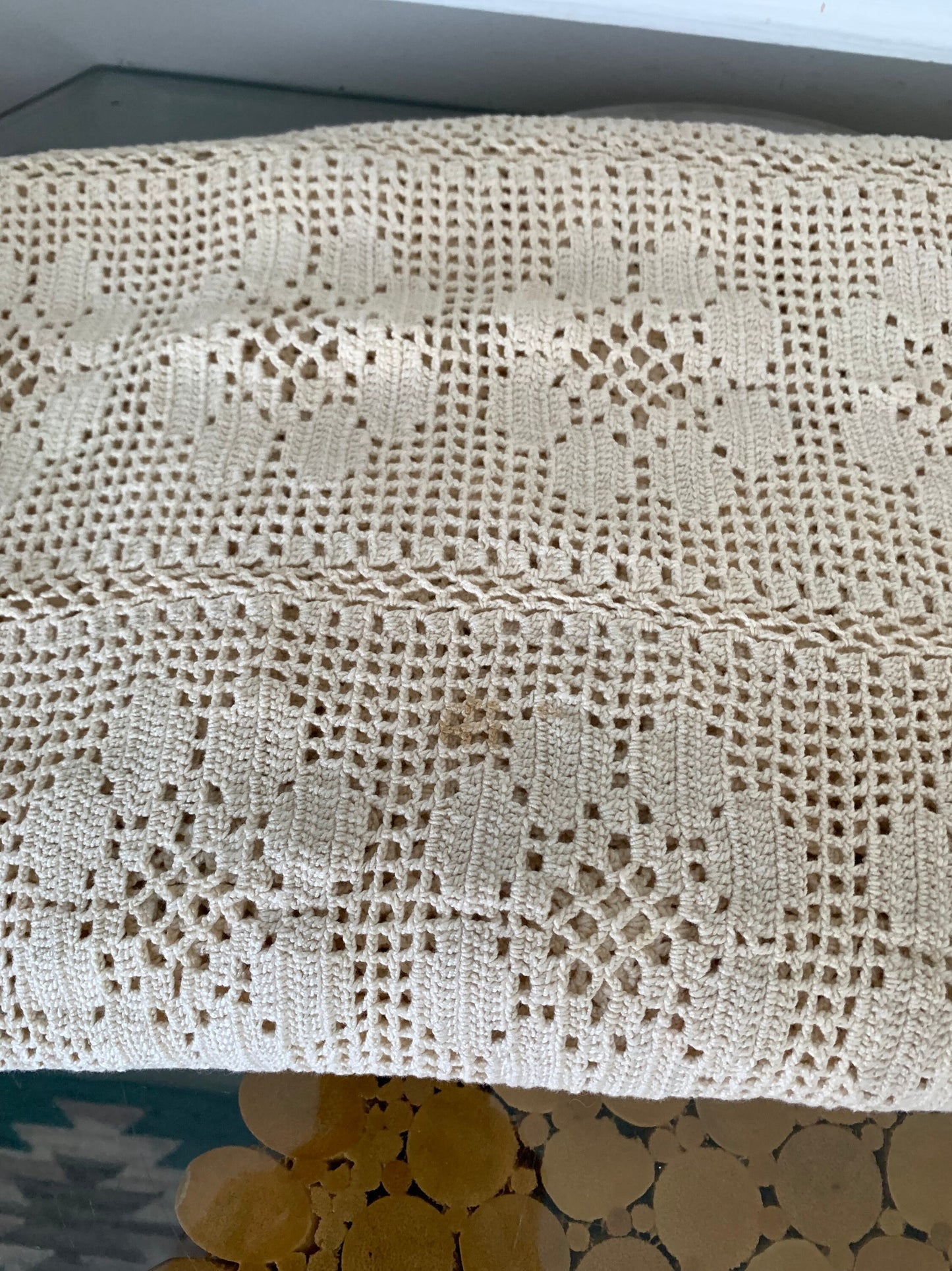 Vintage Rectangular Cream Crocheted Tablecloth