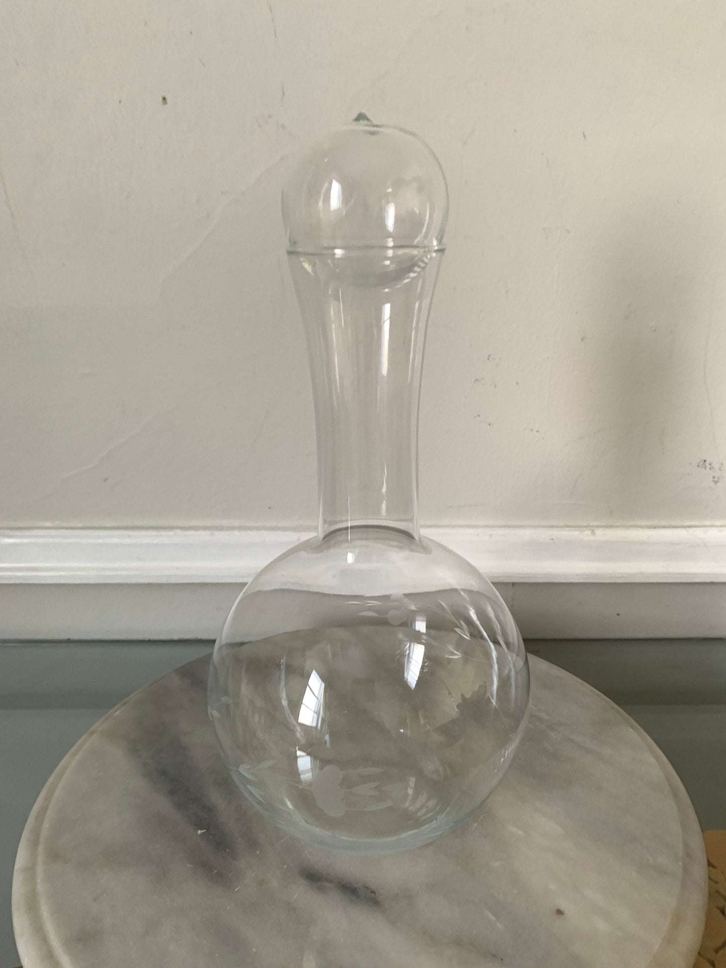 Vintage Tall Clear Decanter with Etched Flower and Glass Ball Top