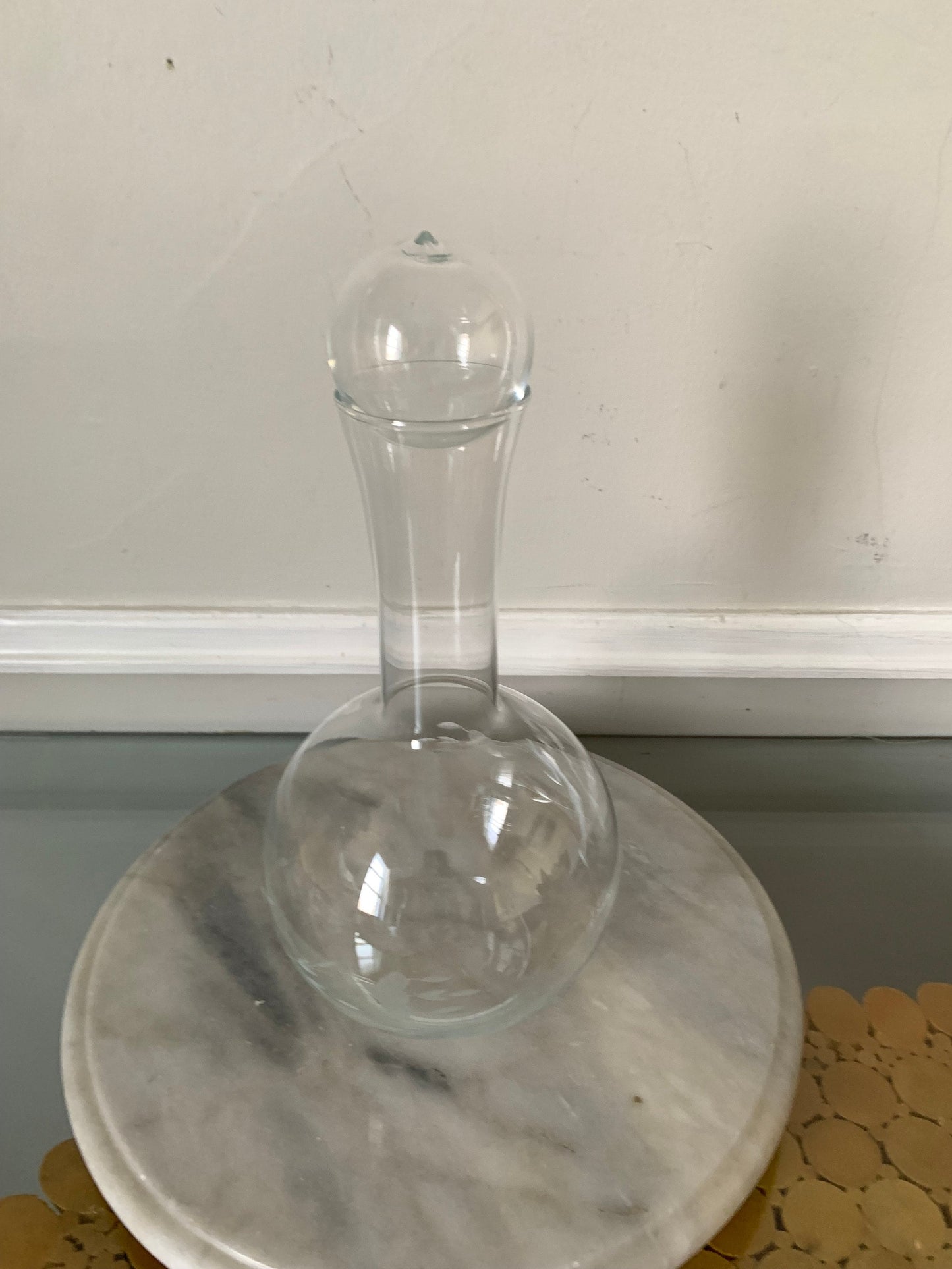 Vintage Tall Clear Decanter with Etched Flower and Glass Ball Top