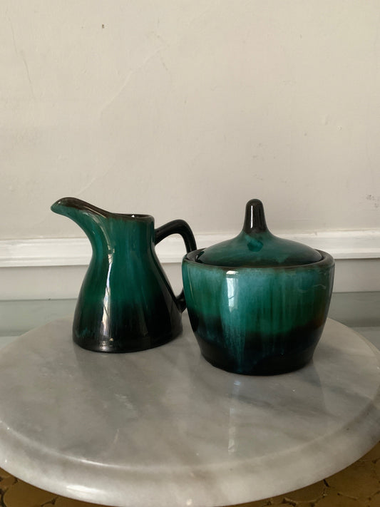 MCM Blue Mountain Pottery Green Drip Glaze Pottery Cream & Sugar