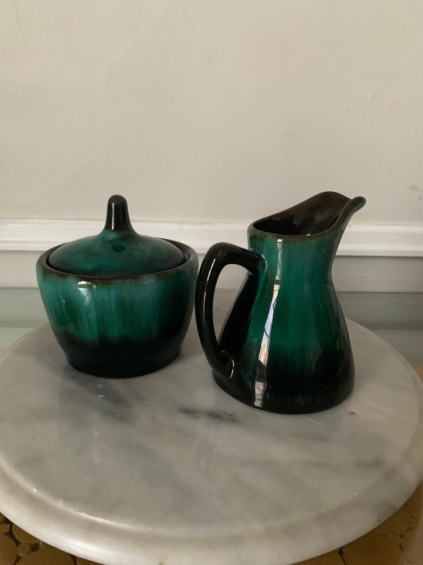 MCM Blue Mountain Pottery Green Drip Glaze Pottery Cream & Sugar