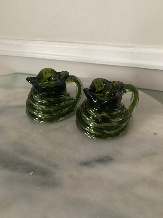 Set of 2 Handmade Clear Green Glass Candleholders