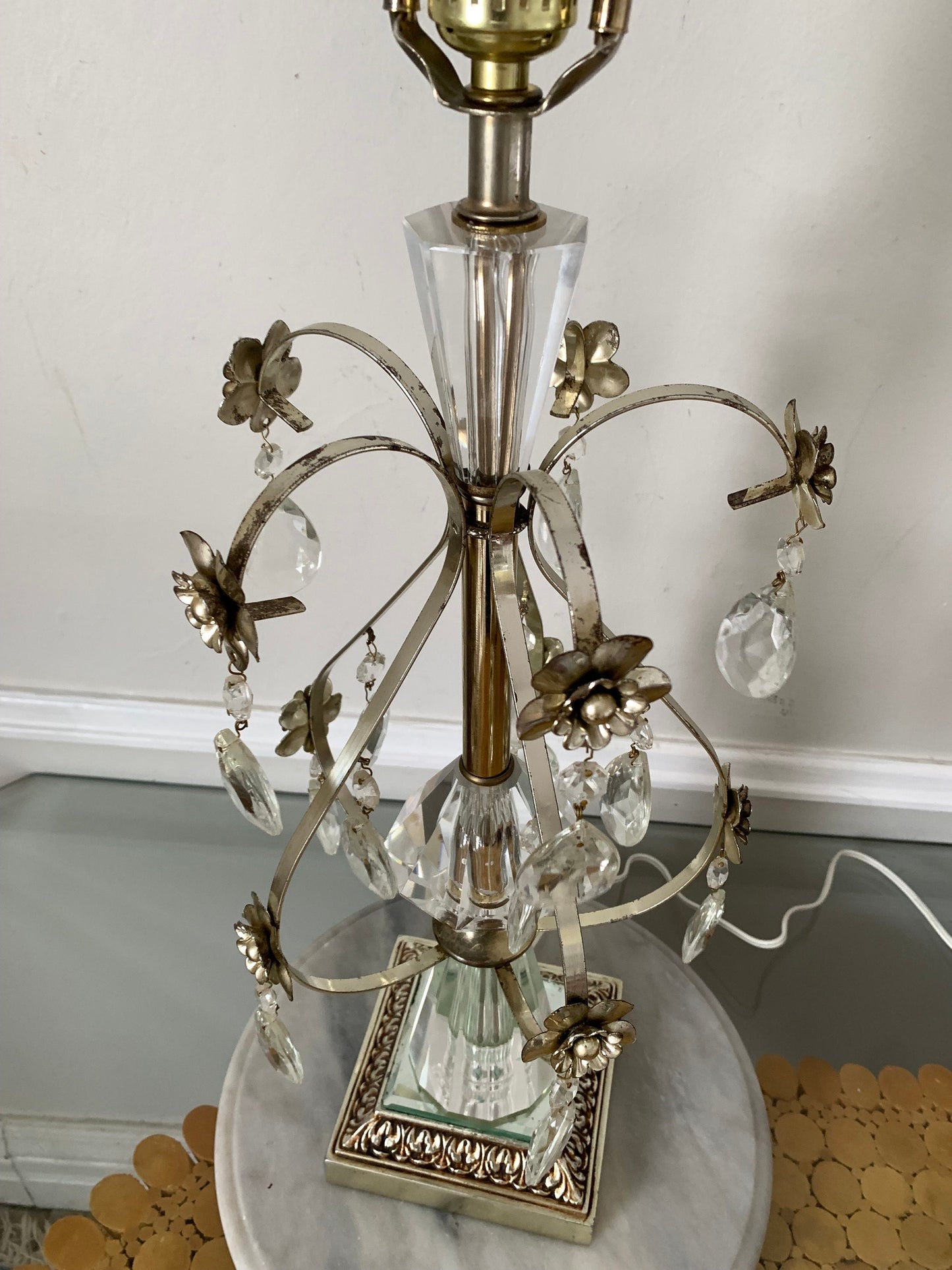 MCM Tall Hollywood Regency Brass and Mirror Lamp with Crystals No Shade