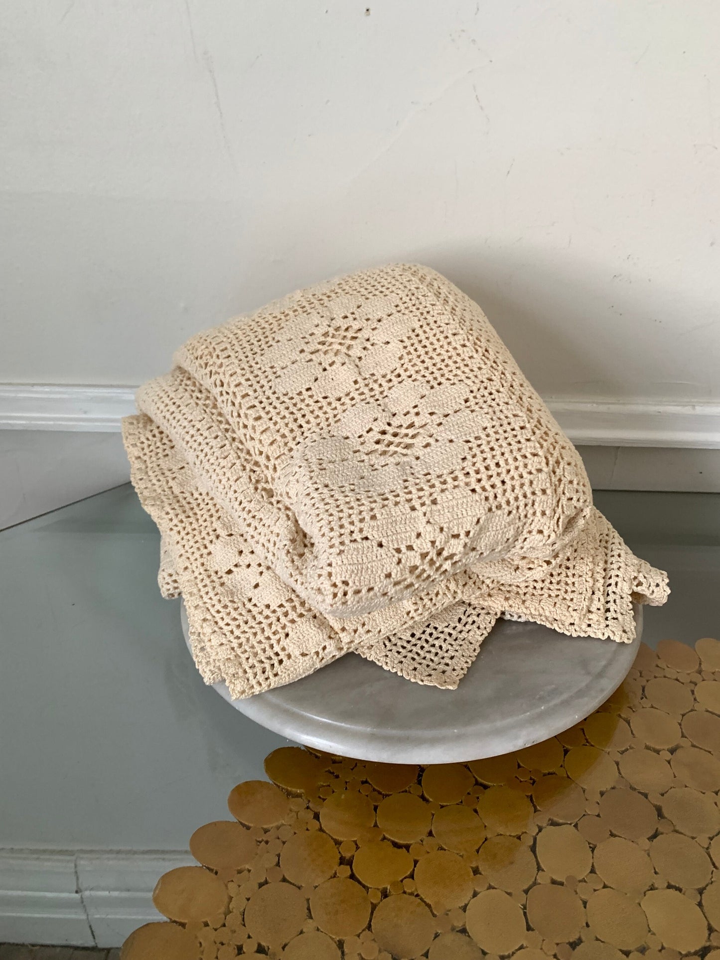 Vintage Rectangular Cream Crocheted Tablecloth