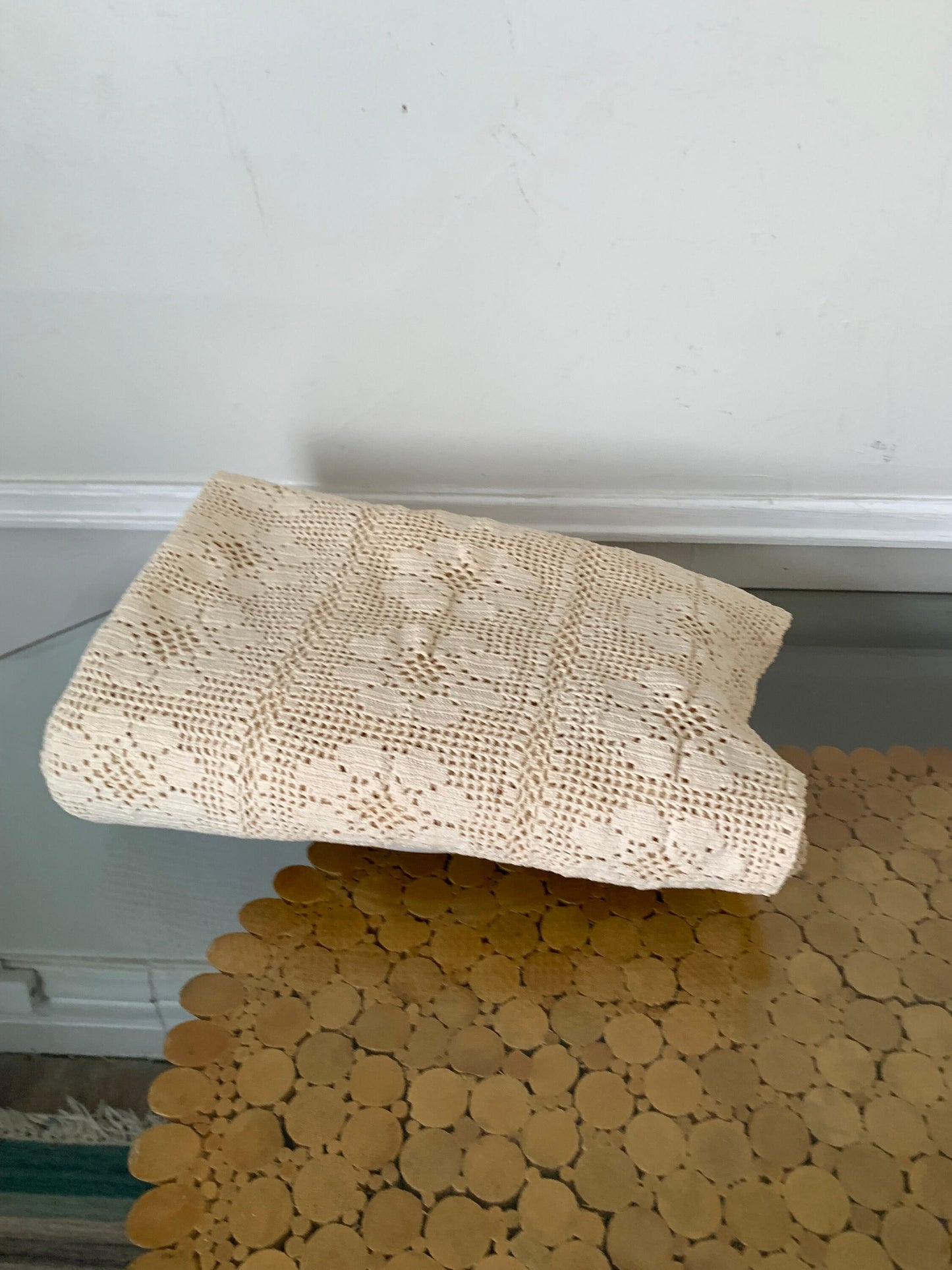 Vintage Rectangular Cream Crocheted Tablecloth