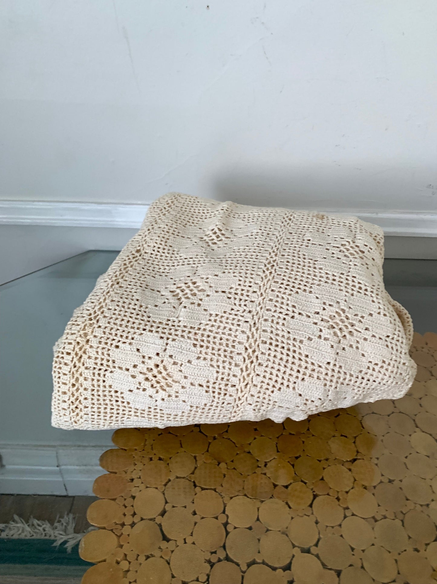 Vintage Rectangular Cream Crocheted Tablecloth