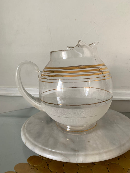 MCM Chubby Clear Glass Pitcher with Gold Stripes