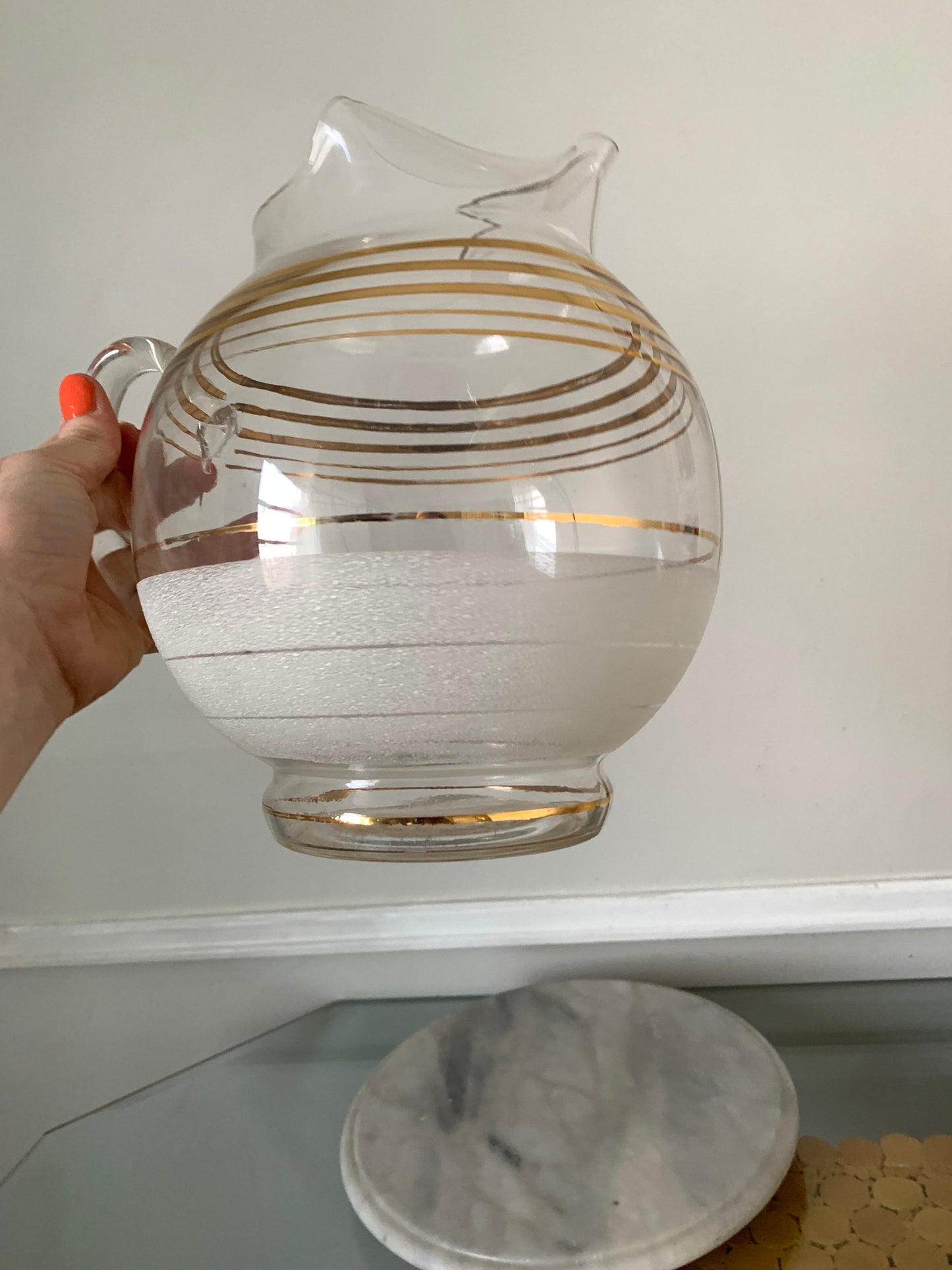 MCM Chubby Clear Glass Pitcher with Gold Stripes