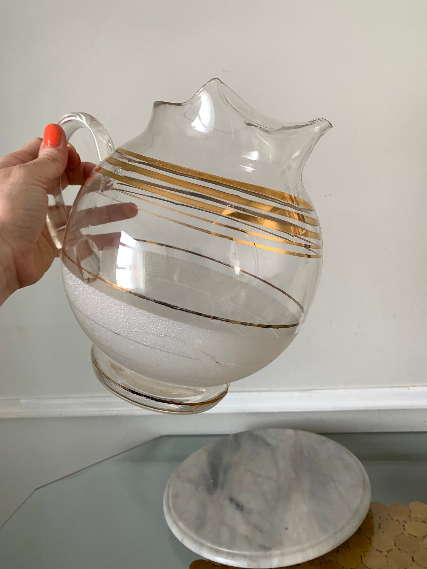 MCM Chubby Clear Glass Pitcher with Gold Stripes