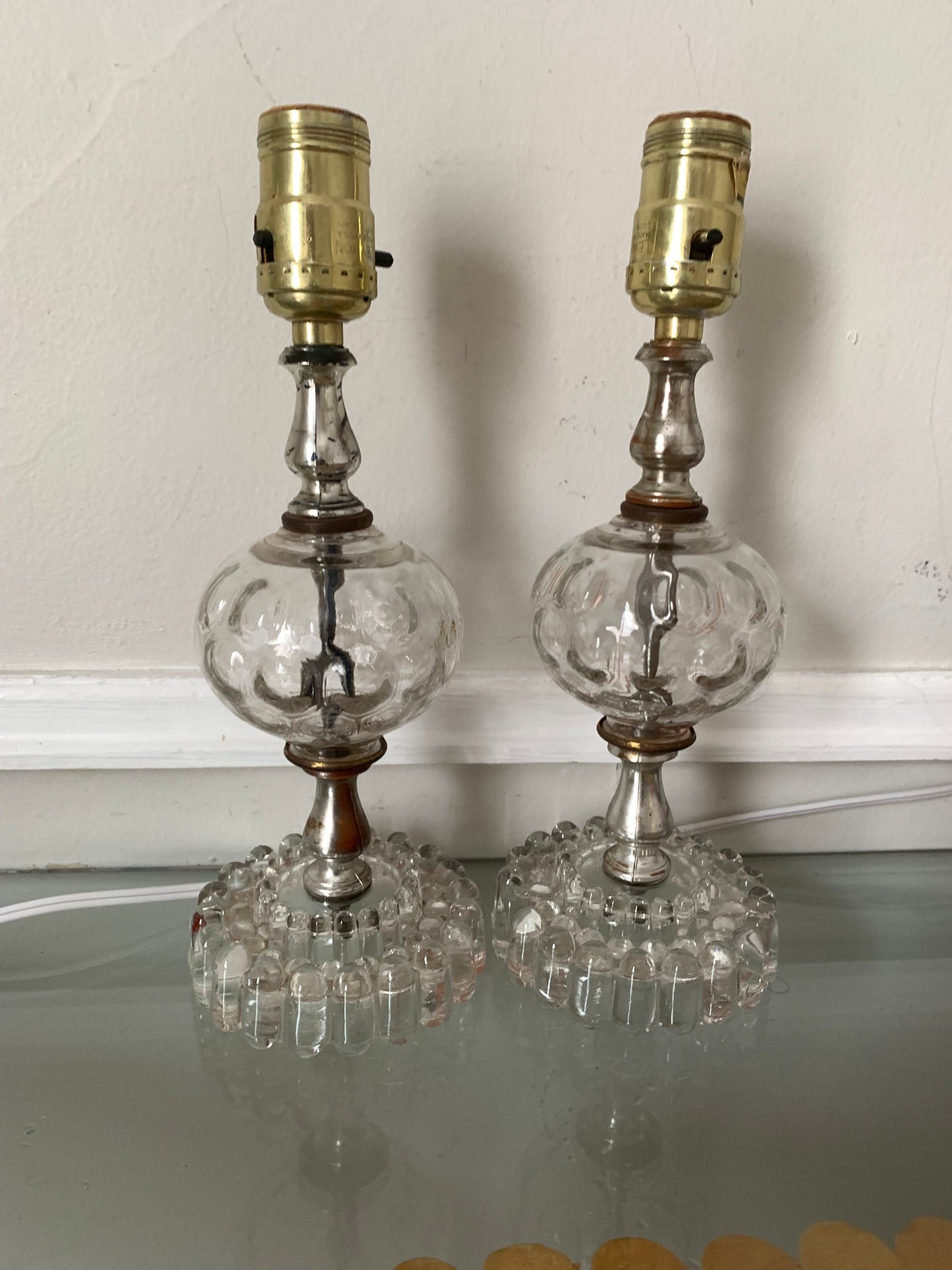 Pair of Vintage Small Clear Glass Accent Table Lamp No Shades