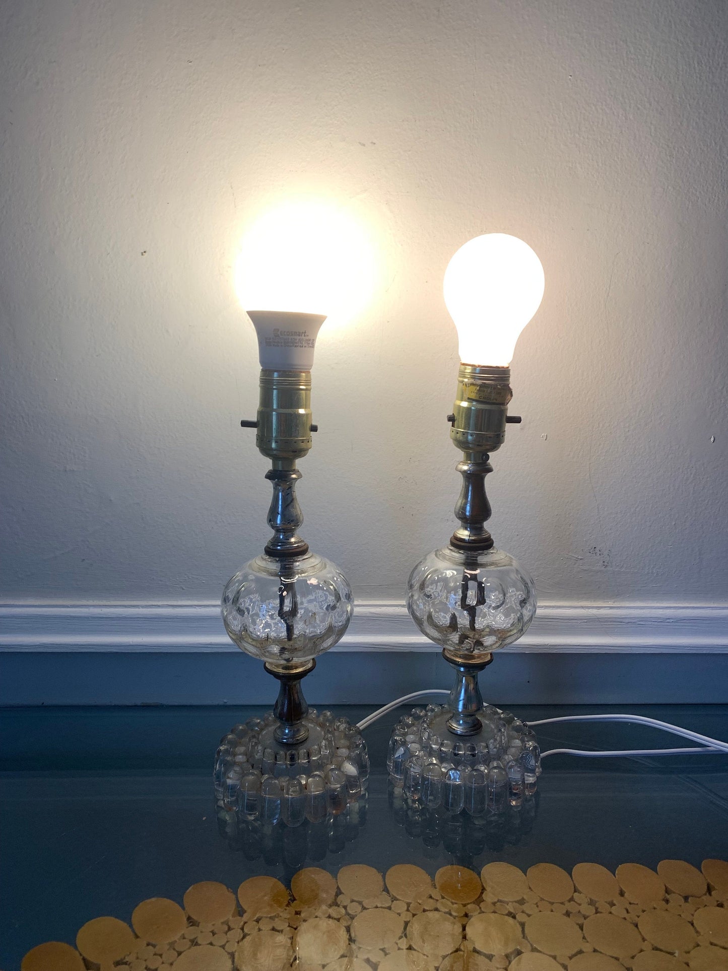 Pair of Vintage Small Clear Glass Accent Table Lamp No Shades