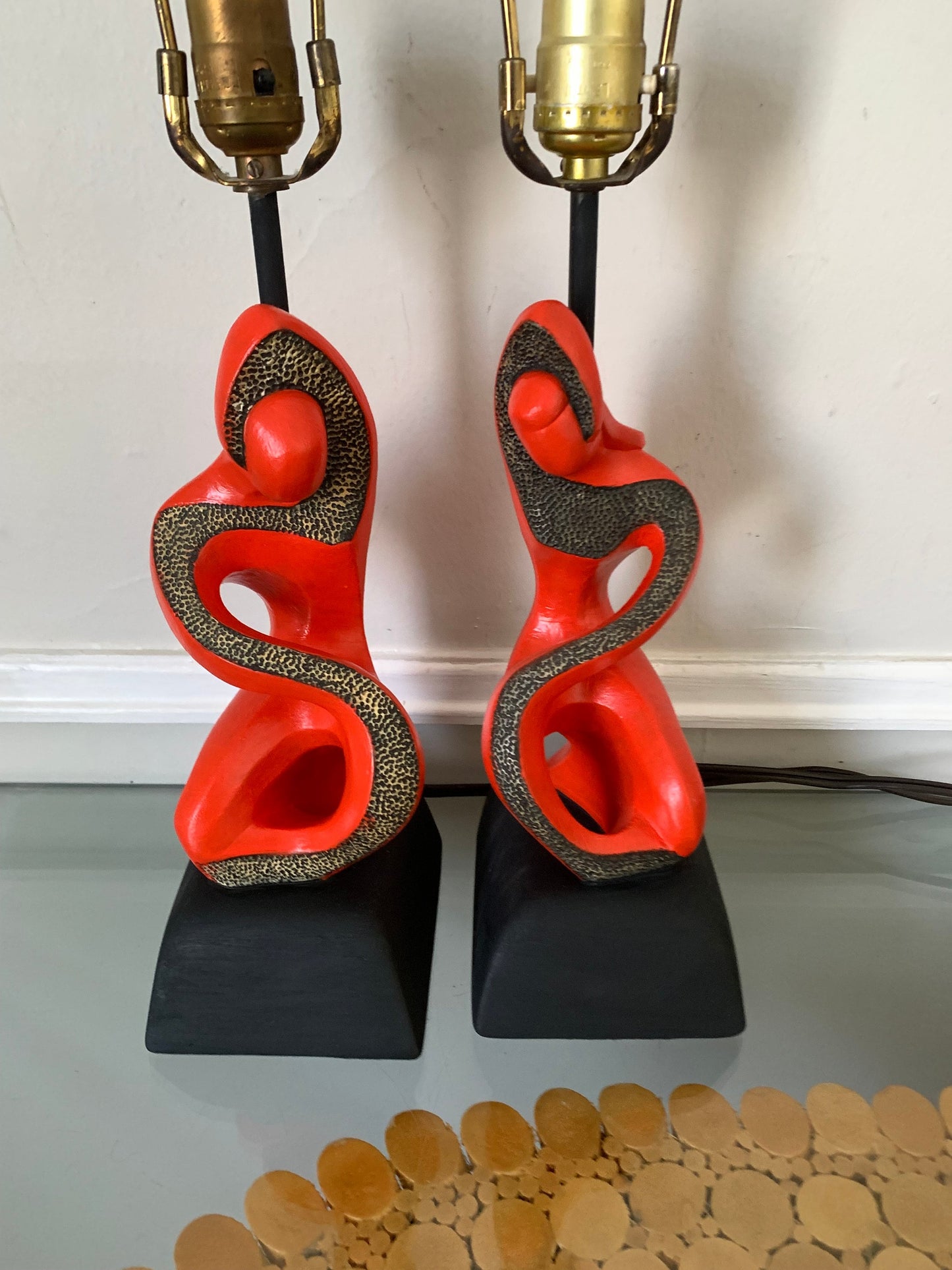 Pair of MCM F.A.I.P.  Red & Black Figurial Lamps No Shades