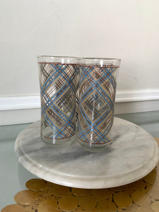 MCM Blue and Brown Tartan Bell Flare Lip Tumblers