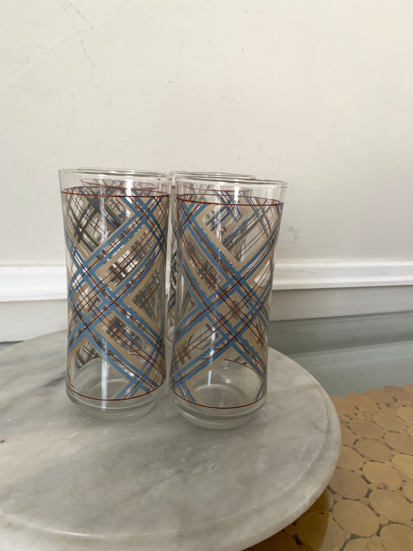 MCM Blue and Brown Tartan Bell Flare Lip Tumblers