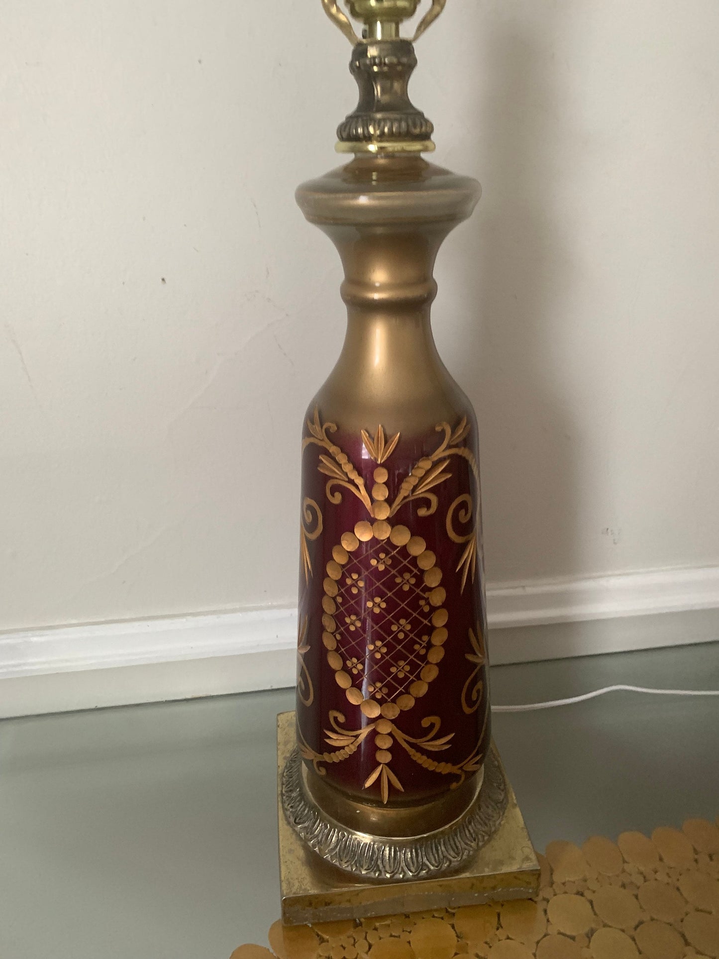 Antique Bright Plum and Gold Reverse Painted Eglomise Lamp with Gilt Design No Shade