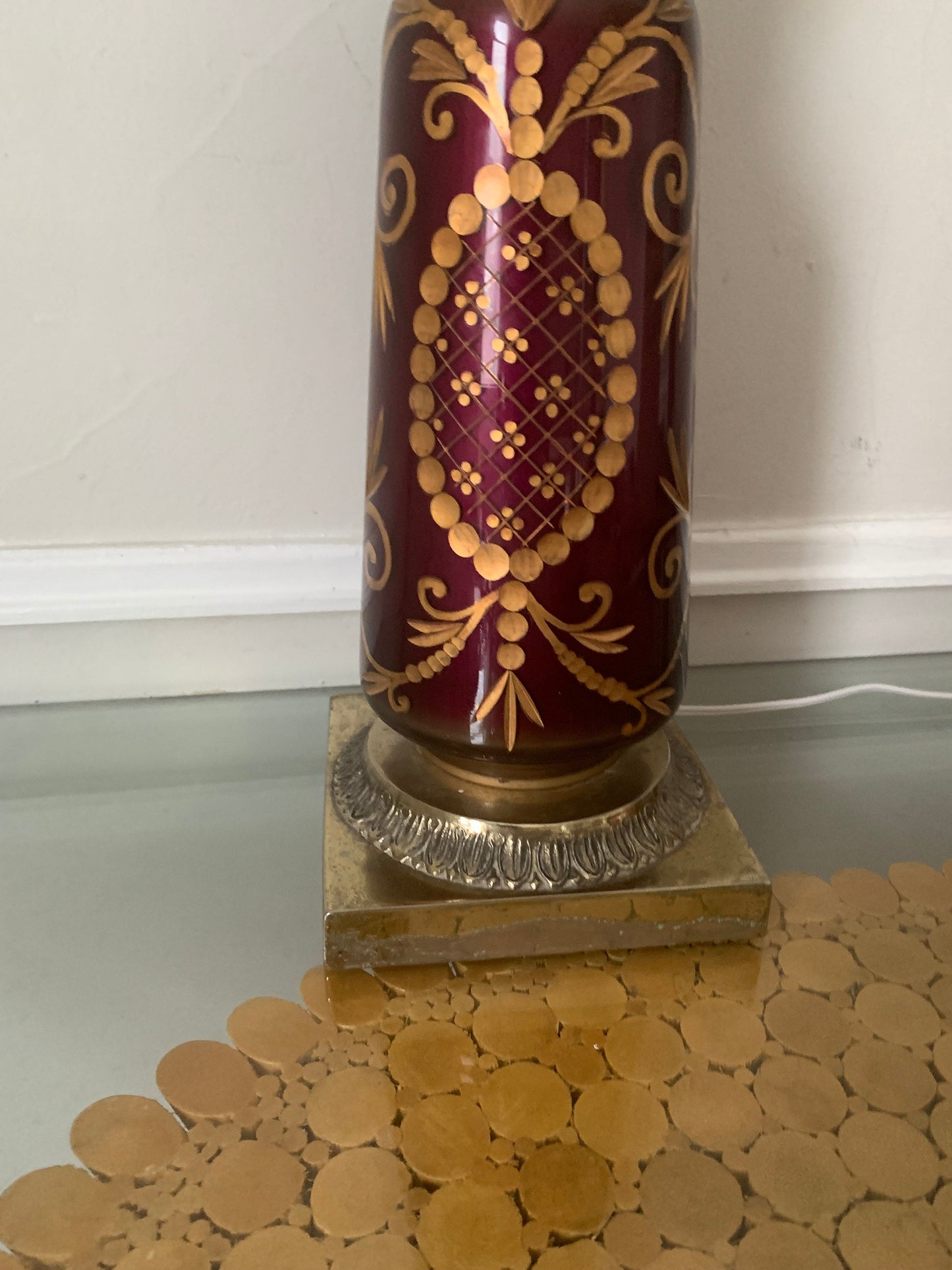 Antique Bright Plum and Gold Reverse Painted Eglomise Lamp with Gilt Design No Shade