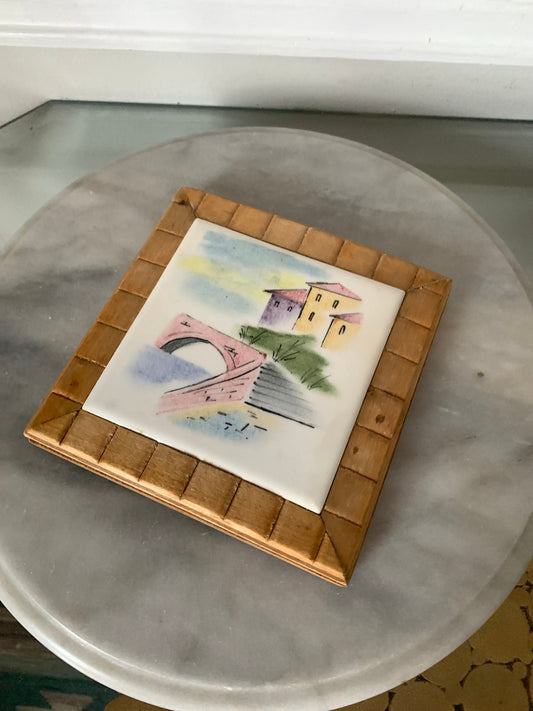 Retro Pastel Ceramic Tile Trivet with Wood Base