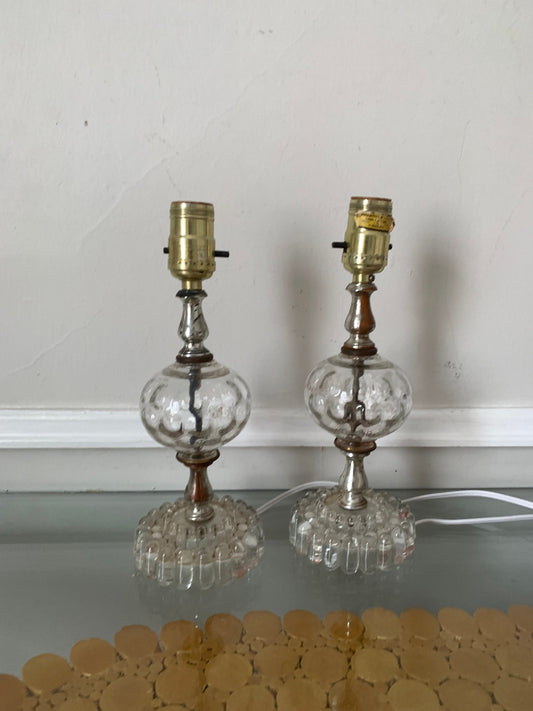 Pair of Vintage Small Clear Glass Accent Table Lamp No Shades