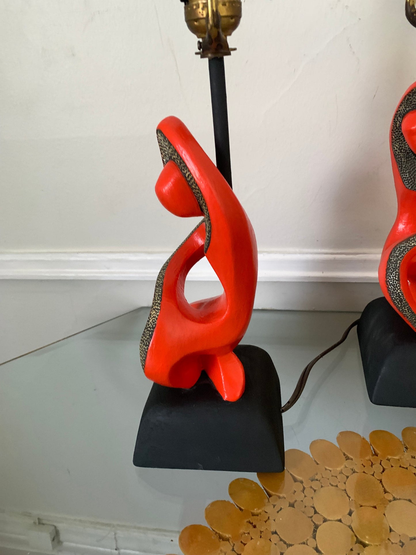 Pair of MCM F.A.I.P.  Red & Black Figurial Lamps No Shades