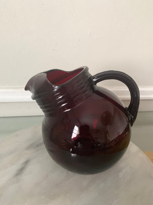 Vintage Ruby Red Anchor Hocking Roly Poly Pitcher Tilted Jug