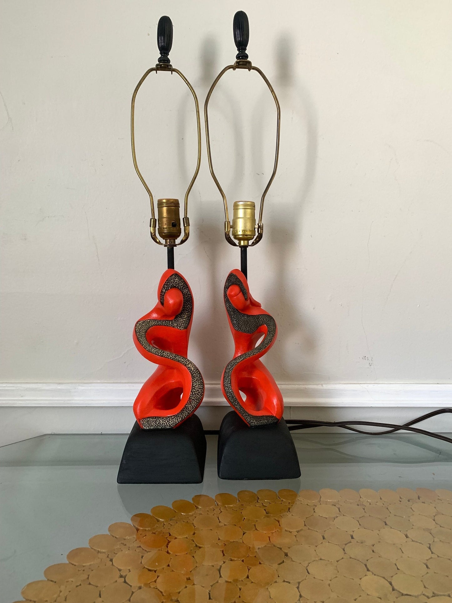 Pair of MCM F.A.I.P.  Red & Black Figurial Lamps No Shades