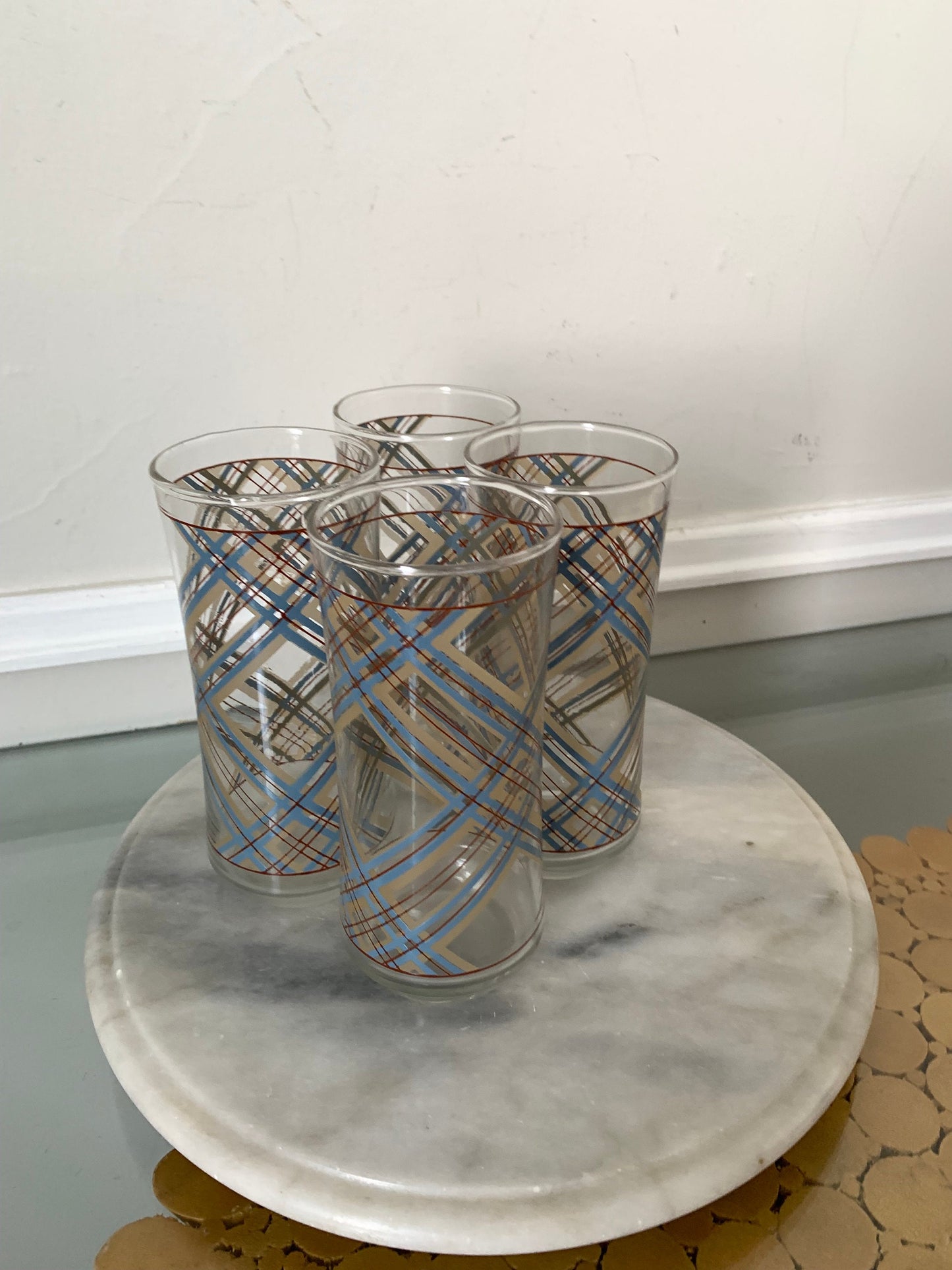 MCM Blue and Brown Tartan Bell Flare Lip Tumblers