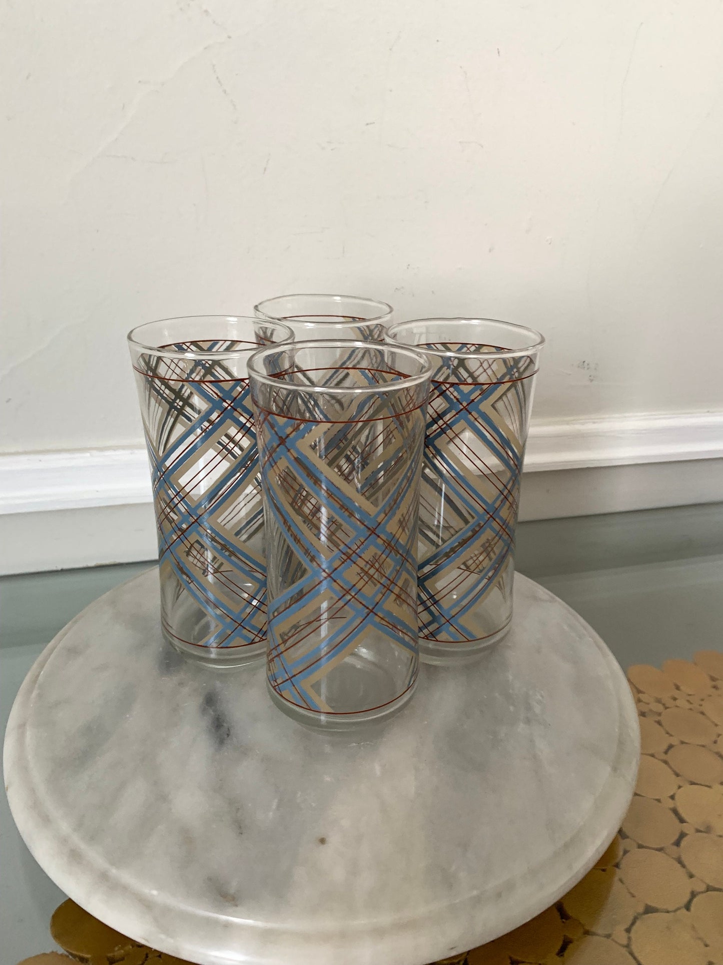 MCM Blue and Brown Tartan Bell Flare Lip Tumblers