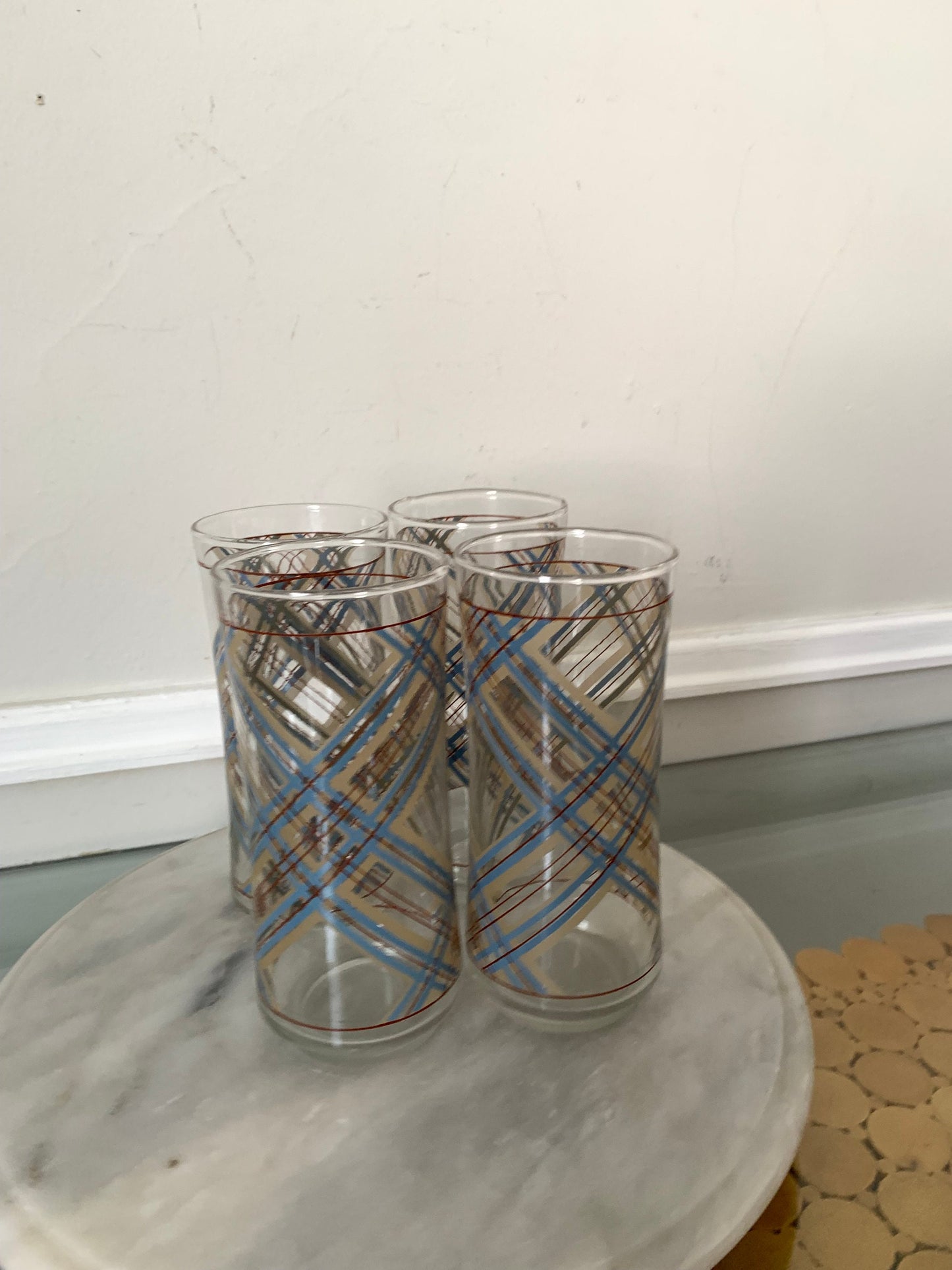 MCM Blue and Brown Tartan Bell Flare Lip Tumblers