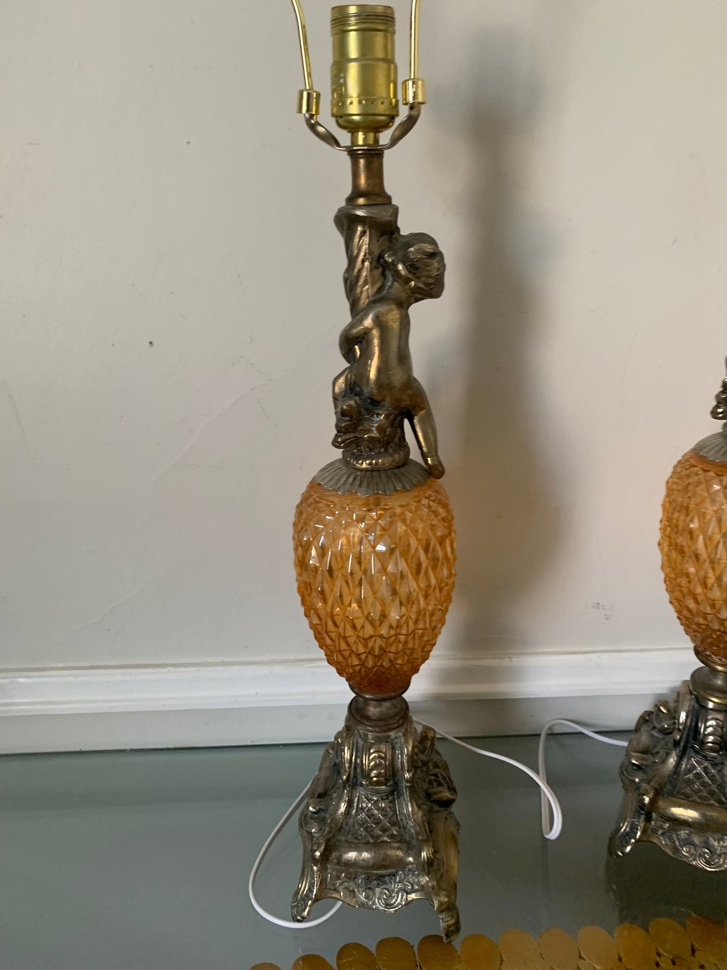 Pair of Vintage Gold Tone Cherub and Faceted Peach Lustre Glass Globe Table Lamps No Shades