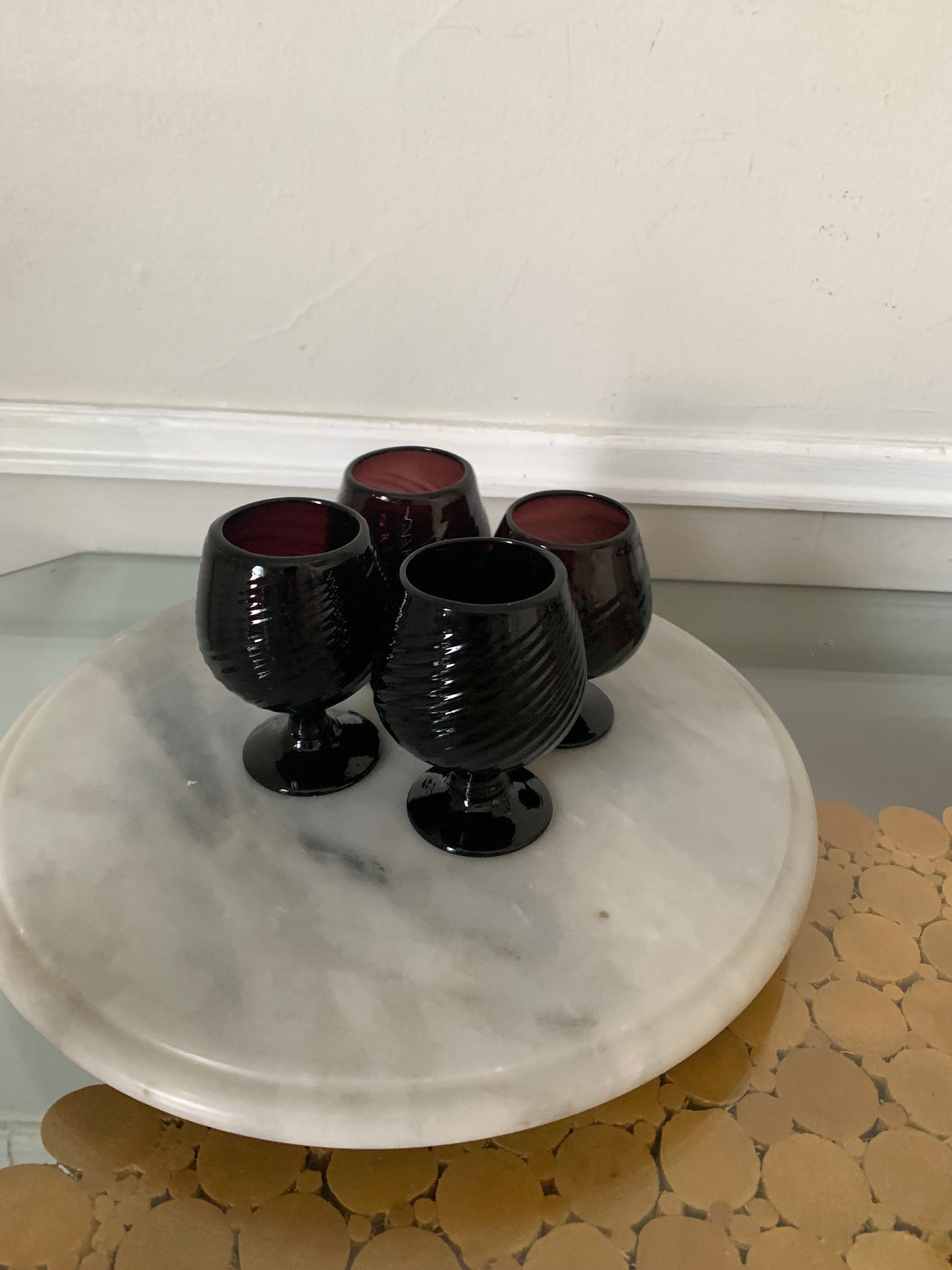 Set of 4 Small Handblown Dark Amethyst Swirl Glasses