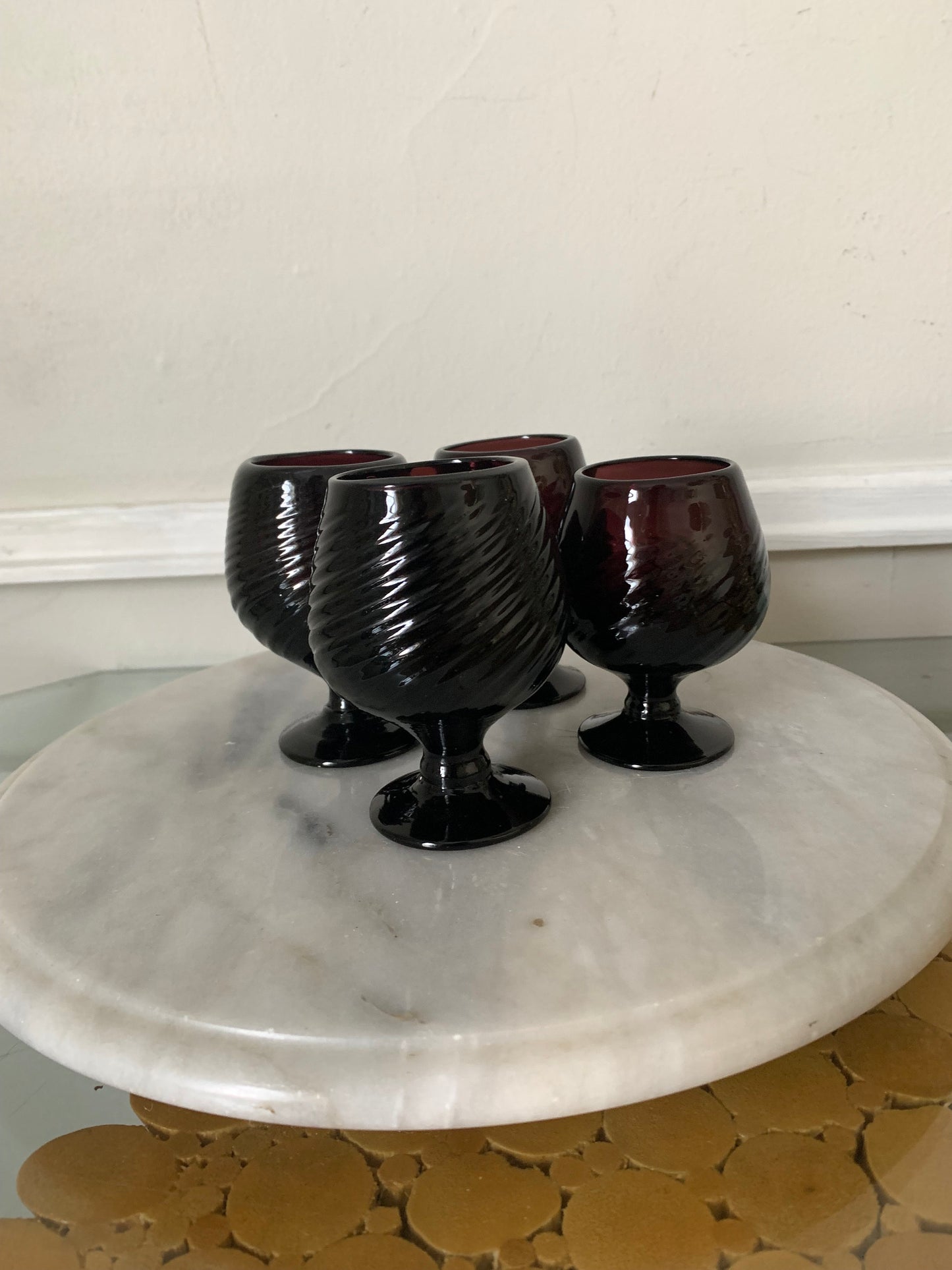 Set of 4 Small Handblown Dark Amethyst Swirl Glasses