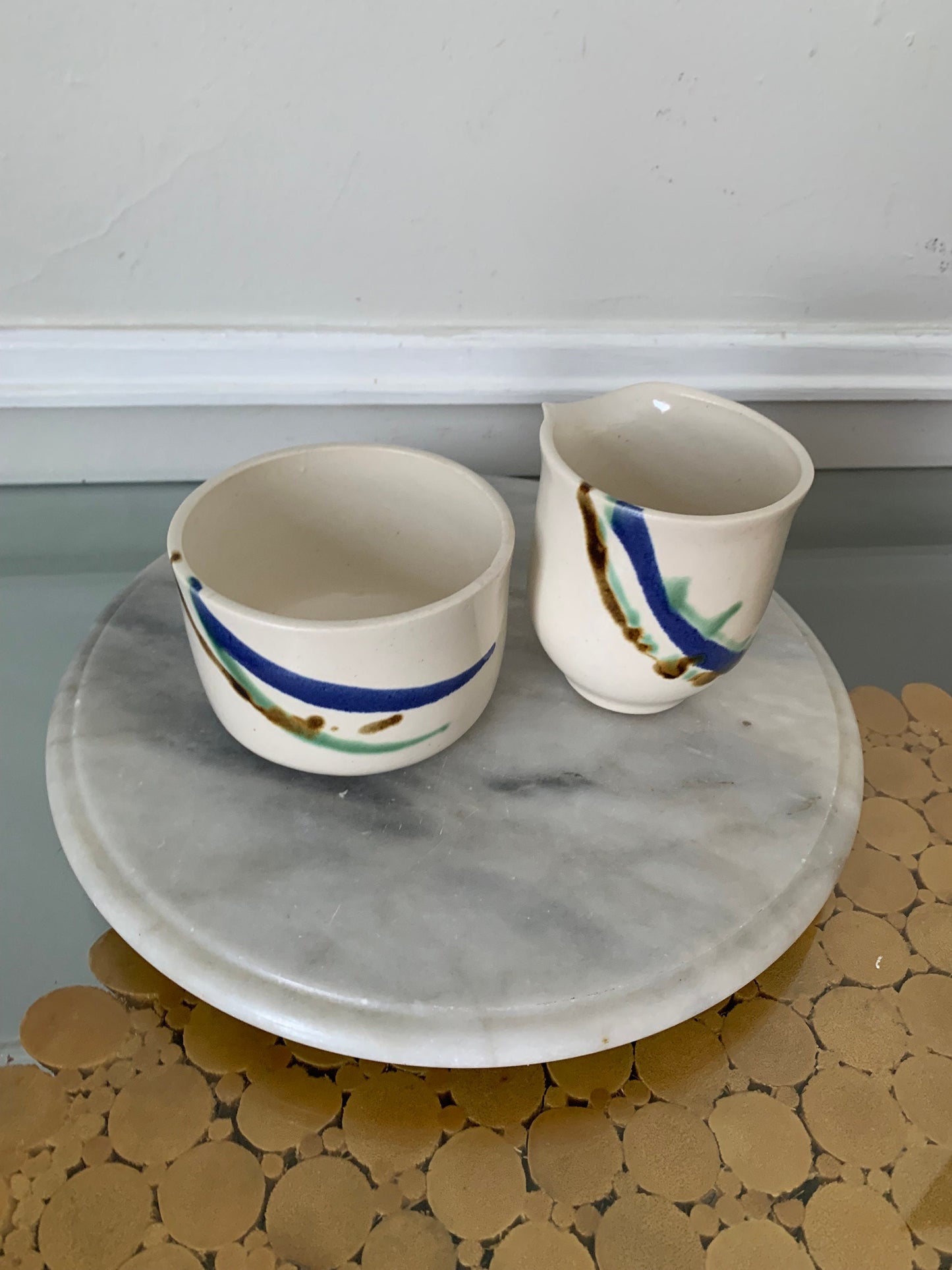 Handmade  Cream Pottery with Jade and Cobalt Stripe Cream and Sugar Set