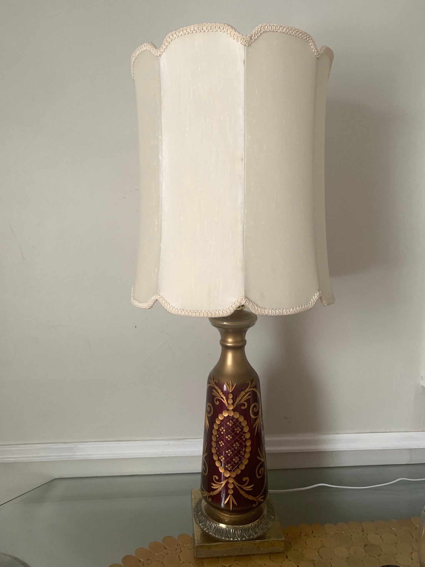 Antique Bright Plum and Gold Reverse Painted Eglomise Lamp with Gilt Design No Shade