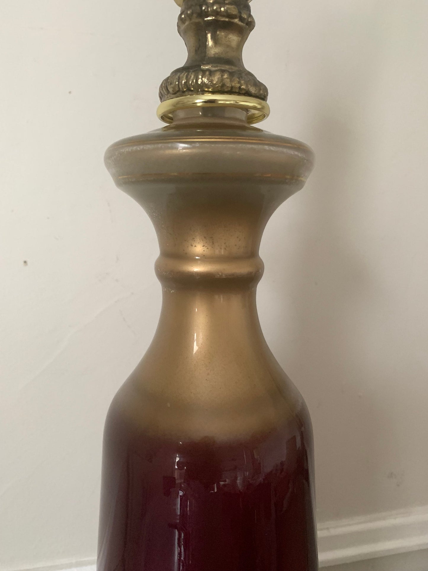 Antique Bright Plum and Gold Reverse Painted Eglomise Lamp with Gilt Design No Shade