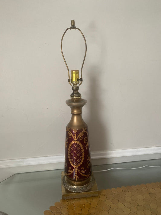 Antique Bright Plum and Gold Reverse Painted Eglomise Lamp with Gilt Design No Shade