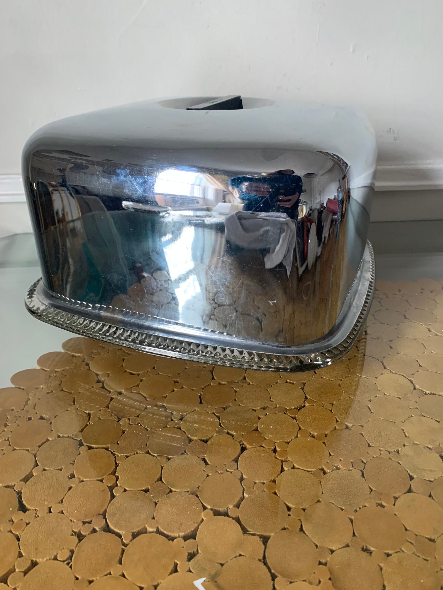 Vintage 1960s Square Chrome Cake Holder with Thick Glass Plate