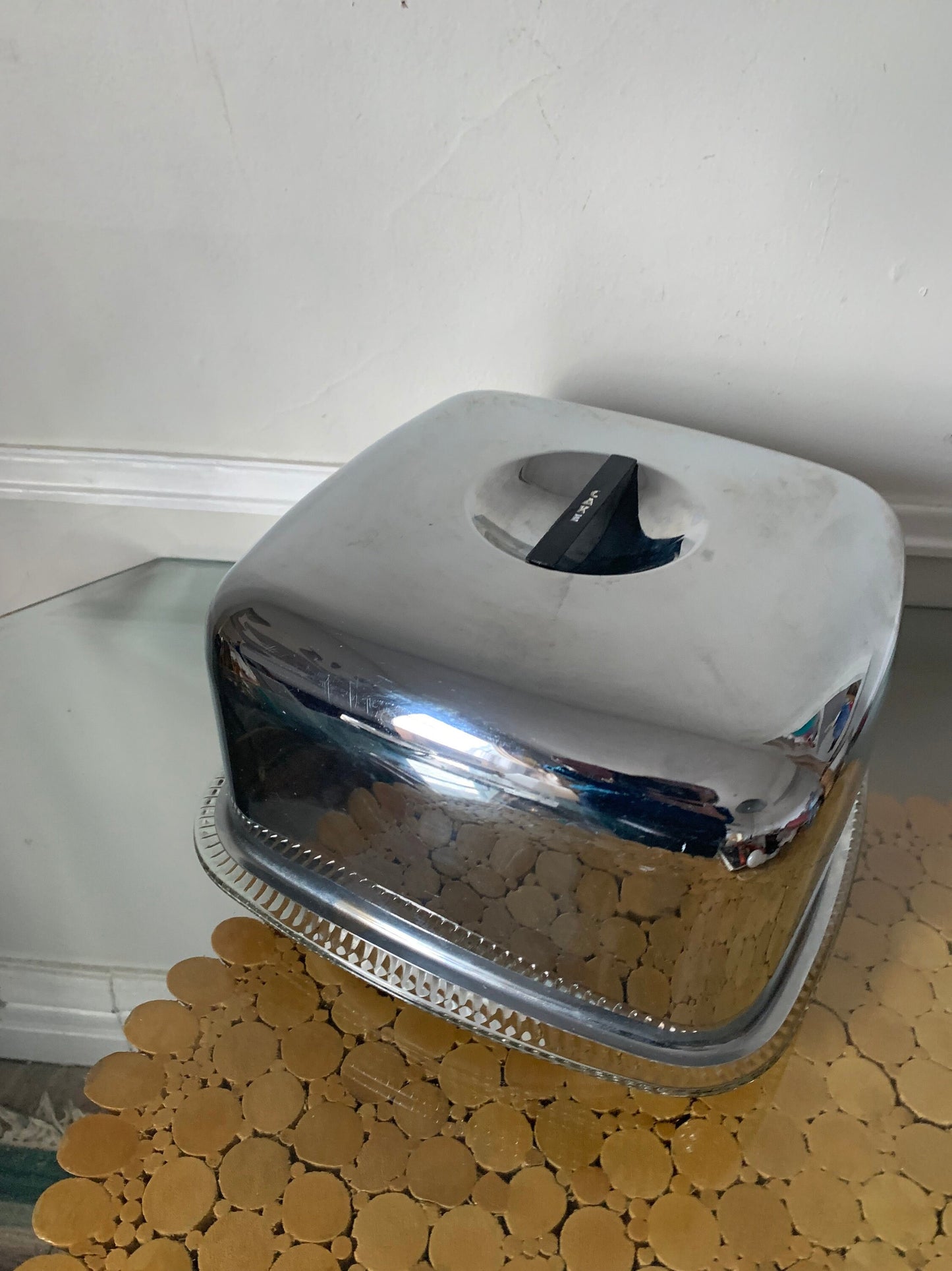 Vintage 1960s Square Chrome Cake Holder with Thick Glass Plate
