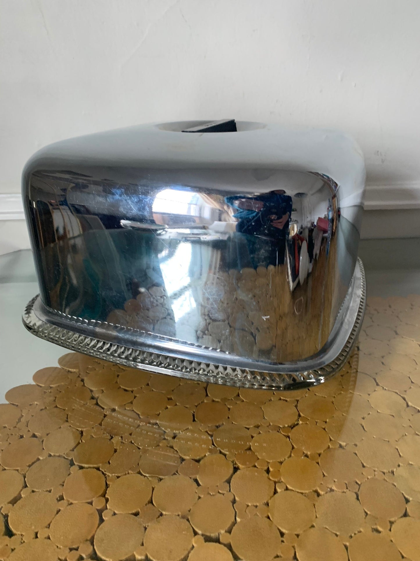 Vintage 1960s Square Chrome Cake Holder with Thick Glass Plate