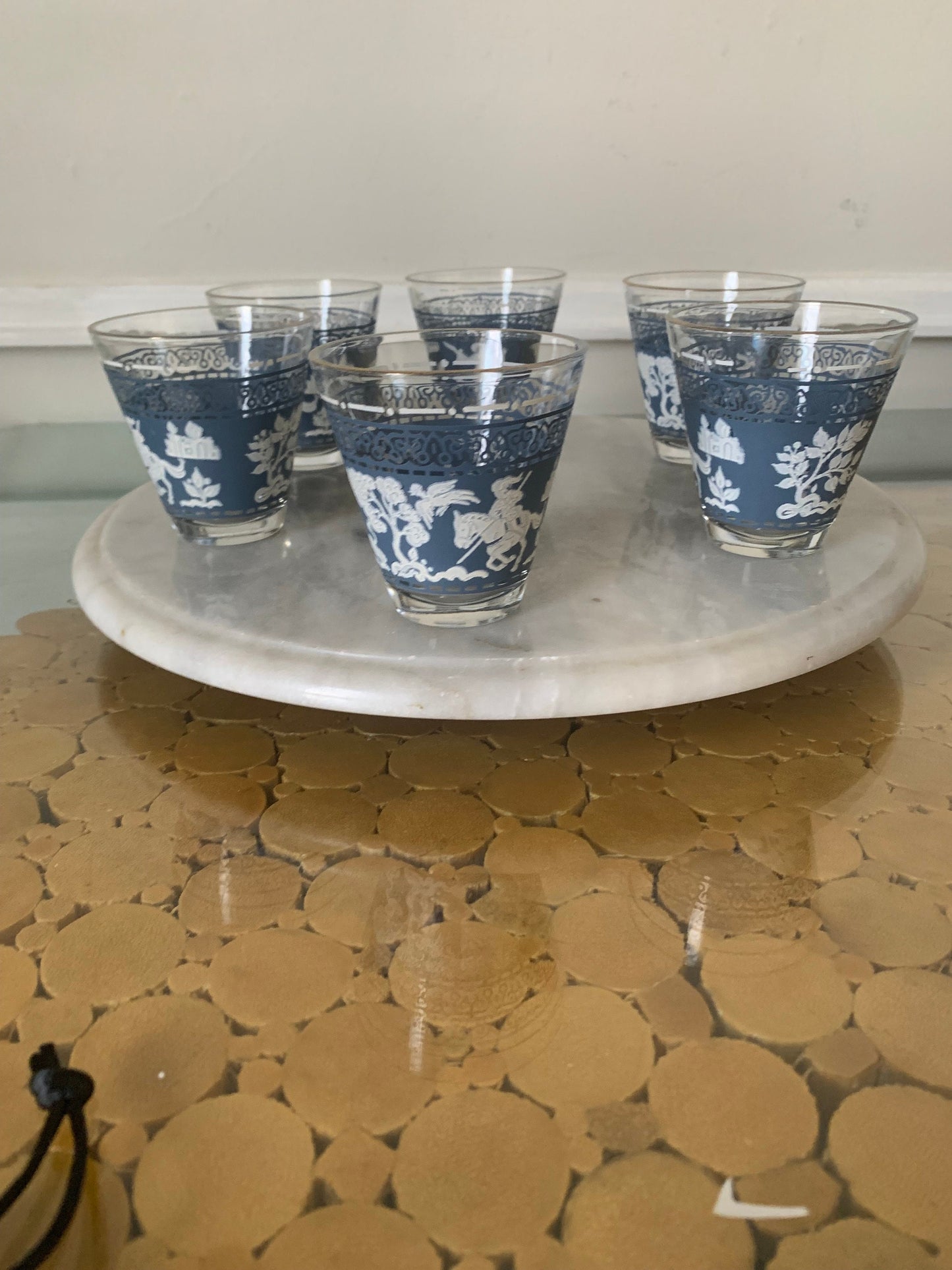 Vintage Set of 6 Hazel Atlas Arabian Knights on Horses Wedgewood Blue Juice Tumblers