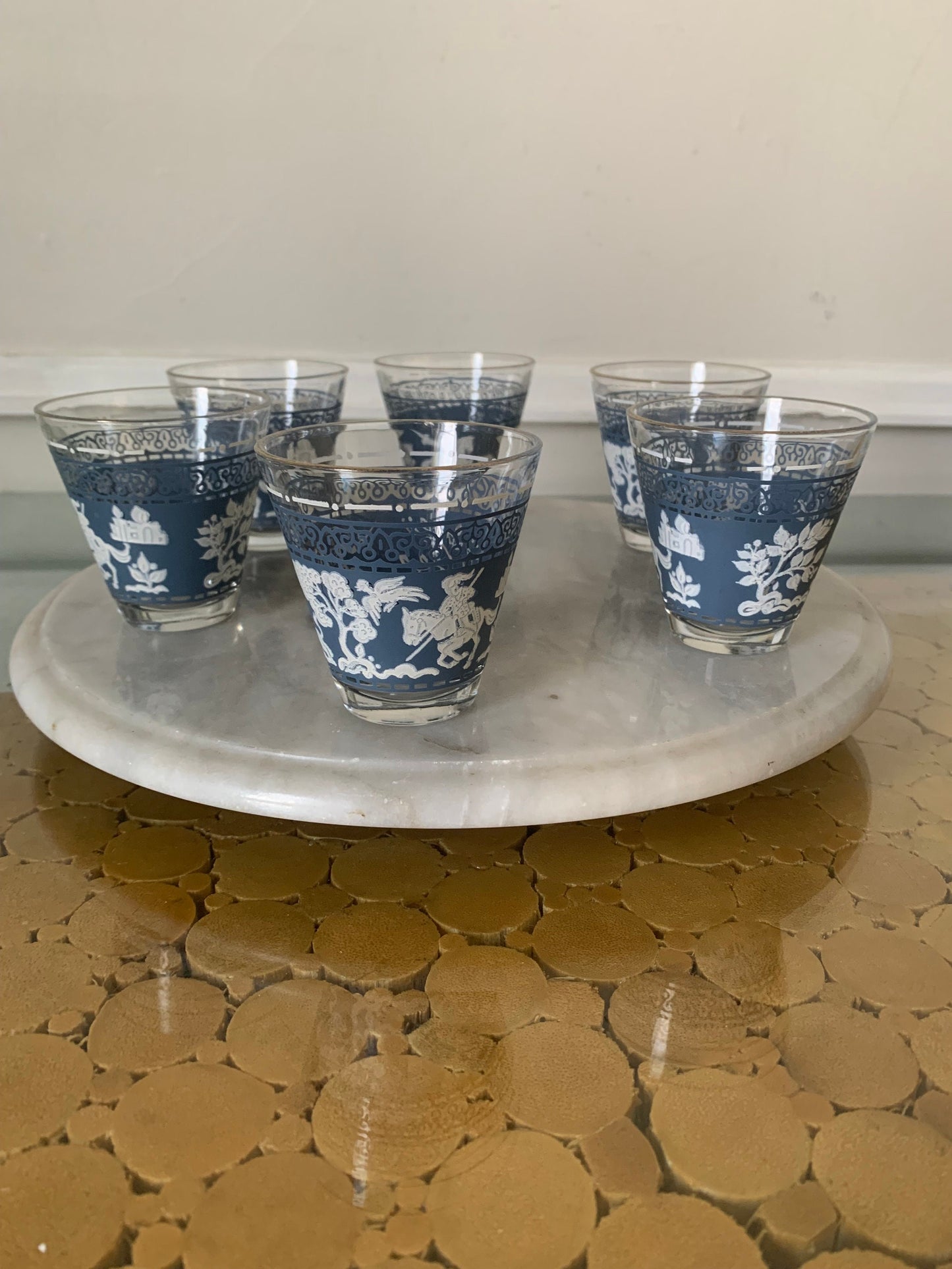 Vintage Set of 6 Hazel Atlas Arabian Knights on Horses Wedgewood Blue Juice Tumblers