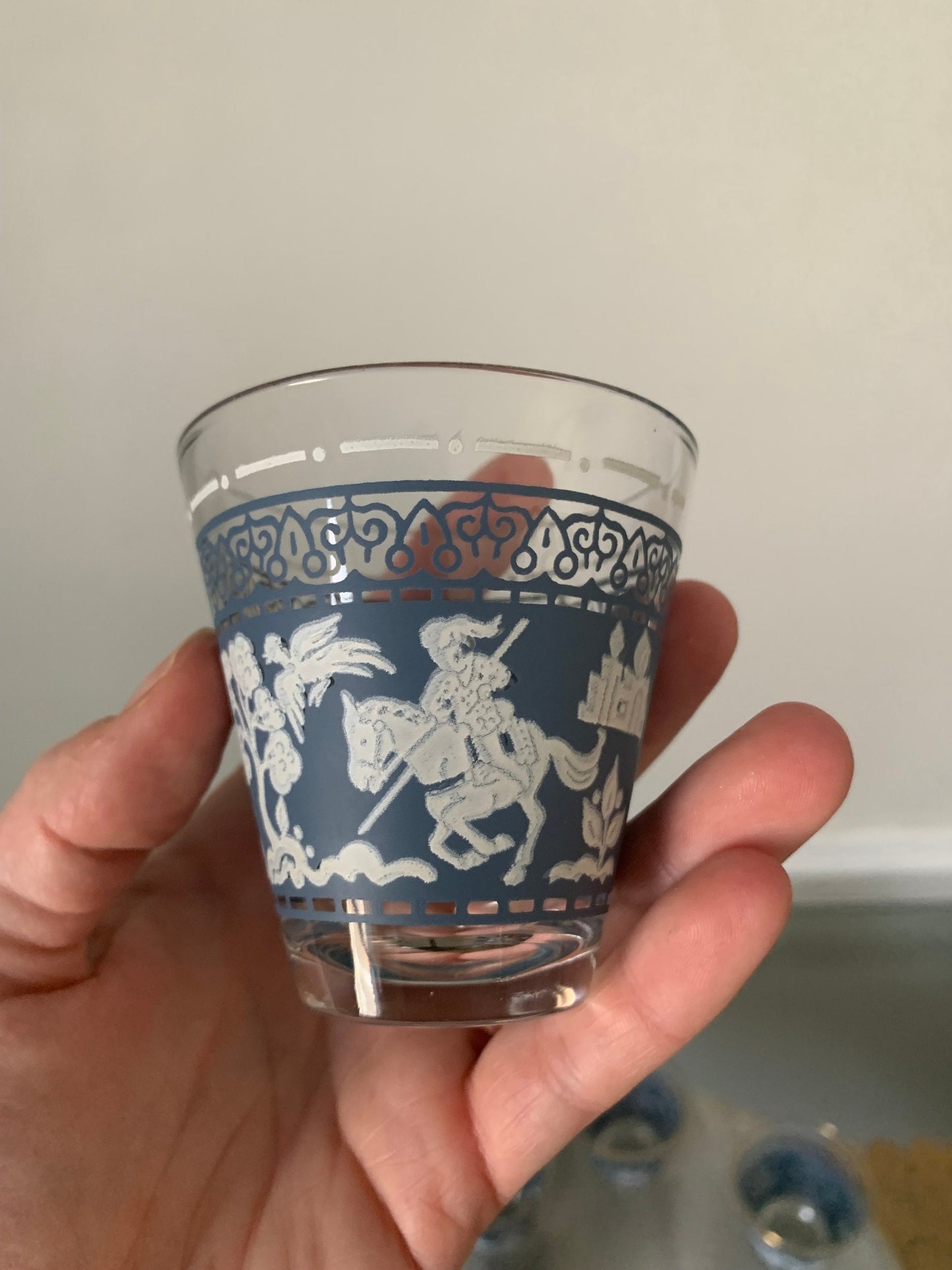 Vintage Set of 6 Hazel Atlas Arabian Knights on Horses Wedgewood Blue Juice Tumblers