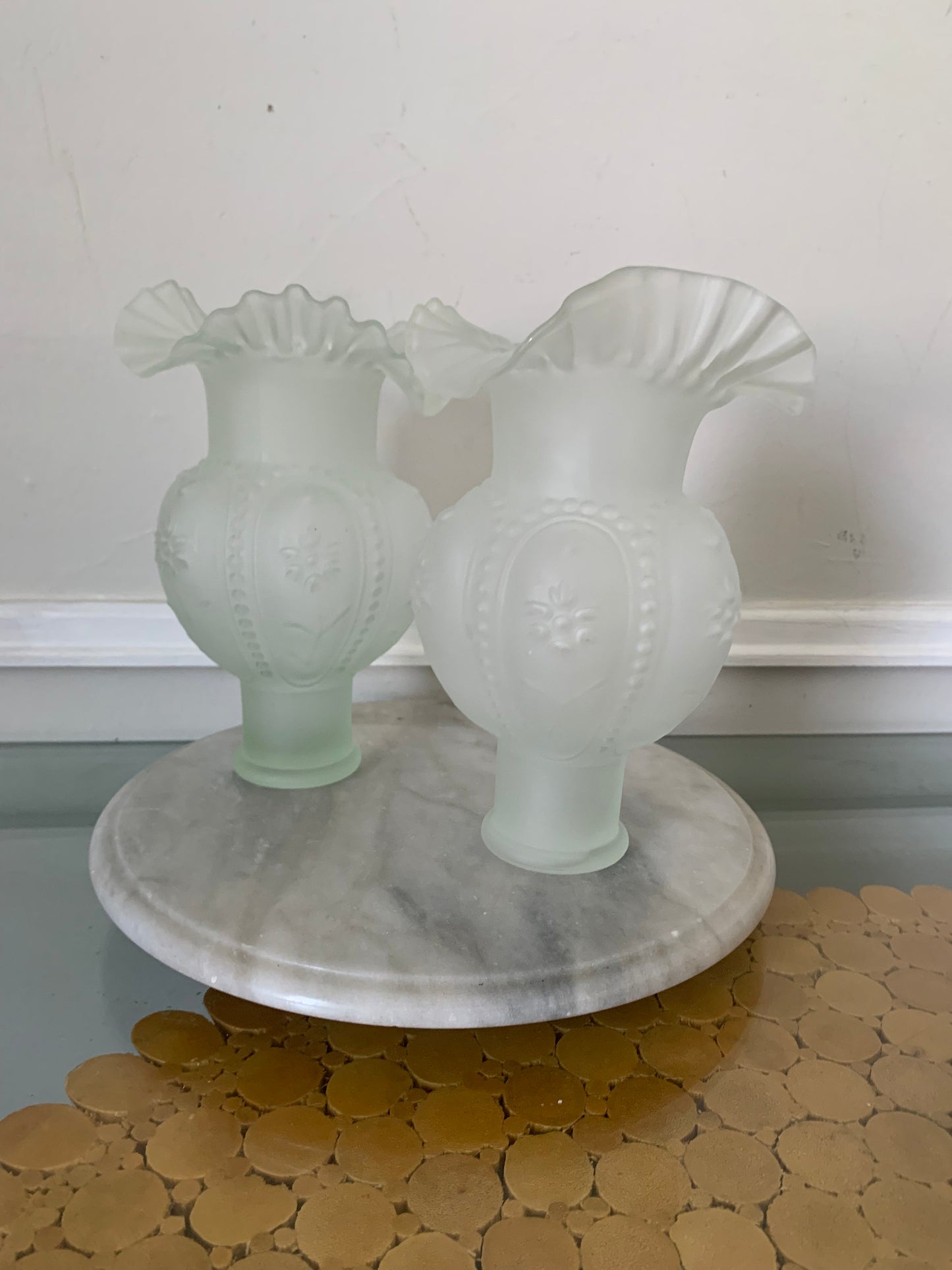 Pair of Vintage Clear Frosted Satin Glass Frilled Vases