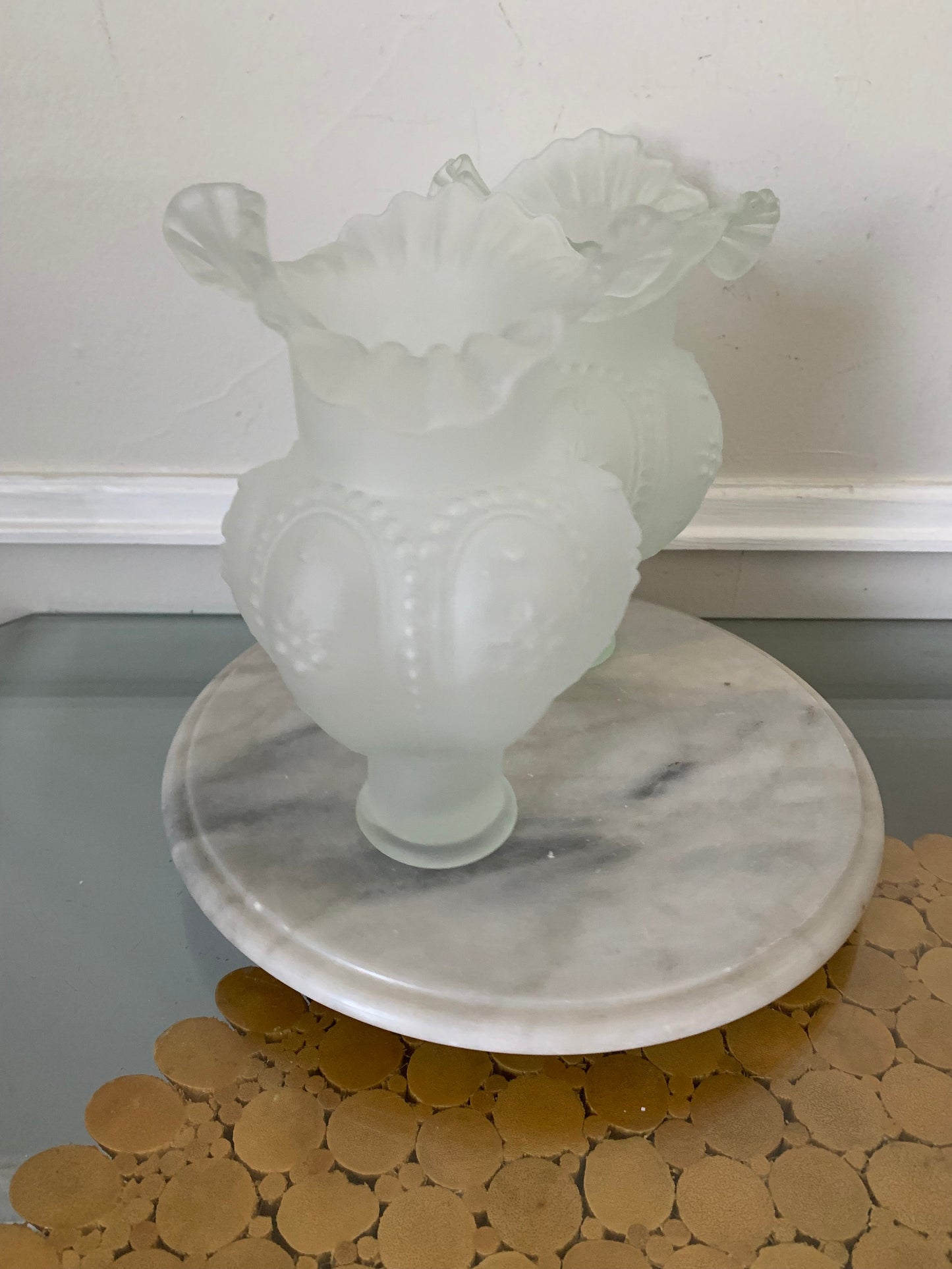 Pair of Vintage Clear Frosted Satin Glass Frilled Vases