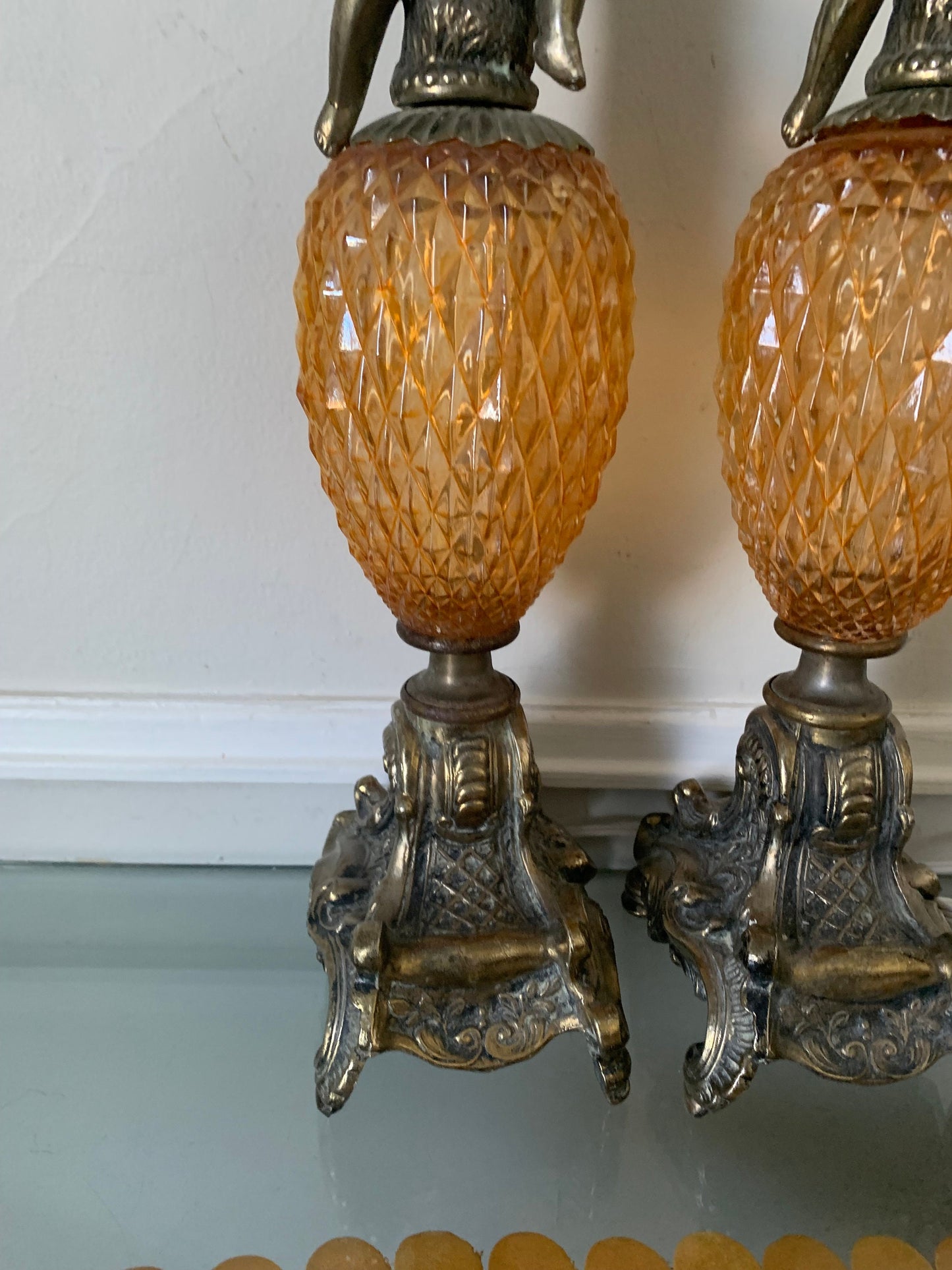 Pair of Vintage Gold Tone Cherub and Faceted Peach Lustre Glass Globe Table Lamps No Shades