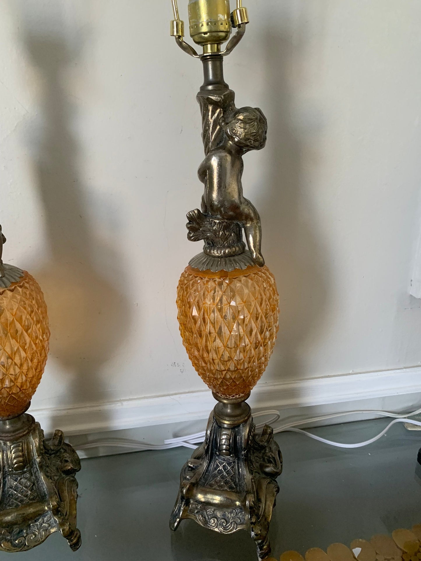 Pair of Vintage Gold Tone Cherub and Faceted Peach Lustre Glass Globe Table Lamps No Shades