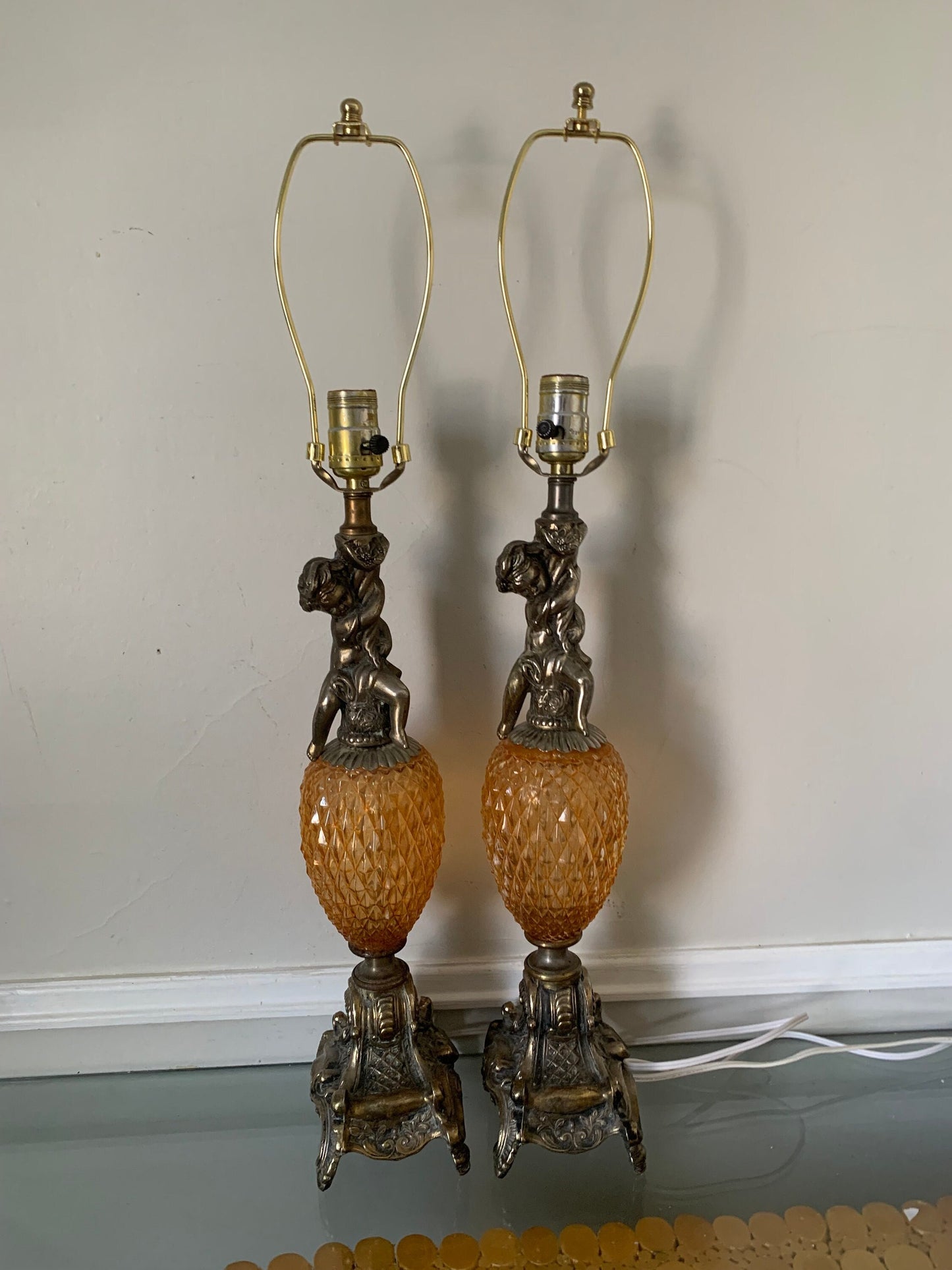 Pair of Vintage Gold Tone Cherub and Faceted Peach Lustre Glass Globe Table Lamps No Shades