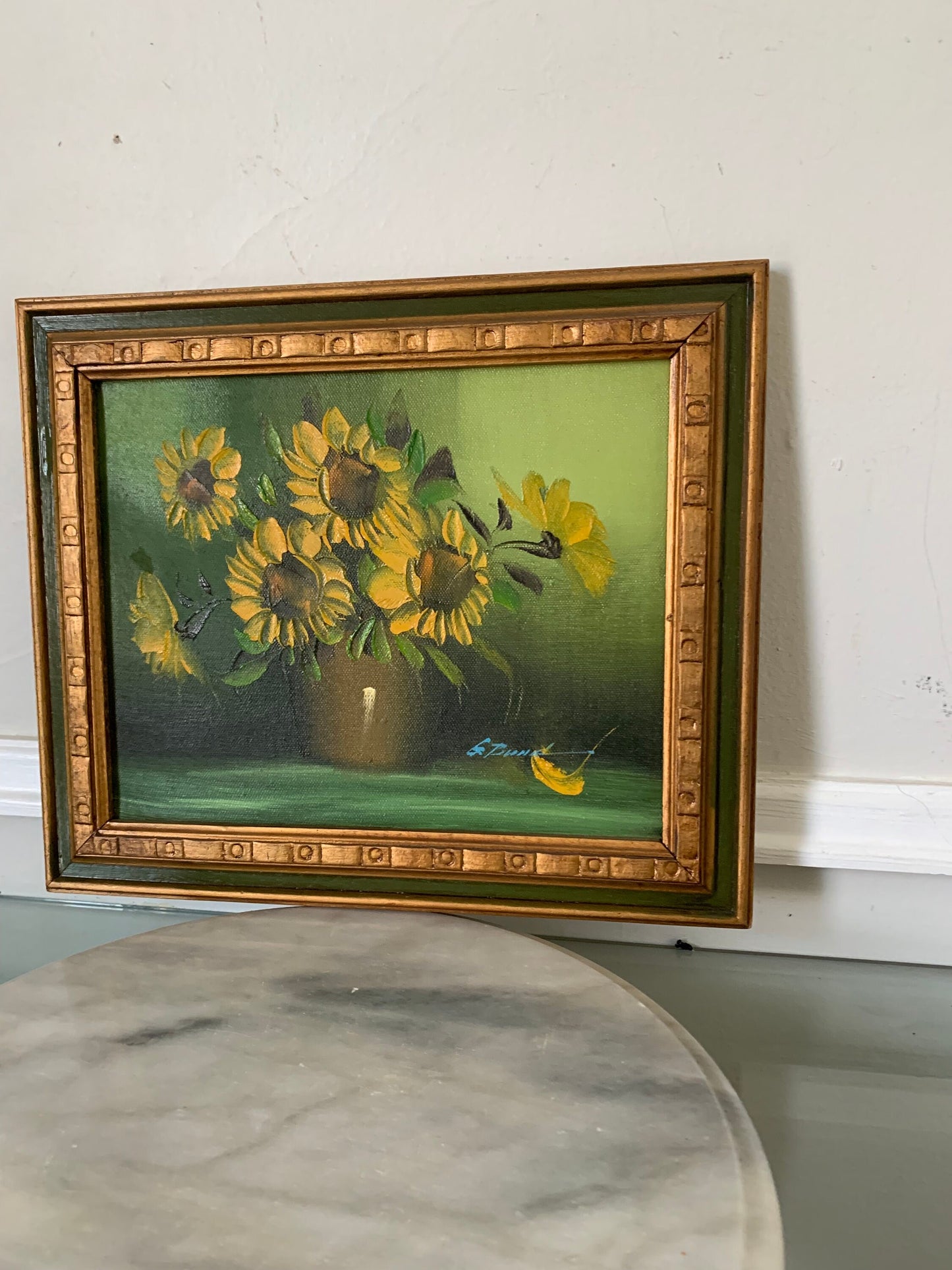 Vintage Small Sunflower Painting in Solid Wood Frame