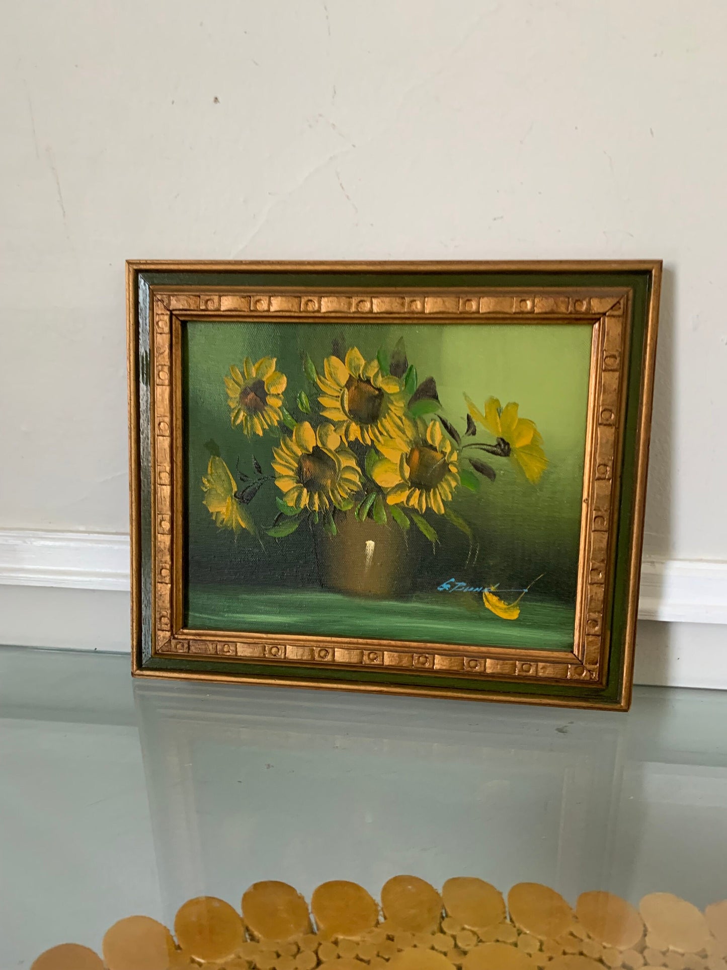 Vintage Small Sunflower Painting in Solid Wood Frame